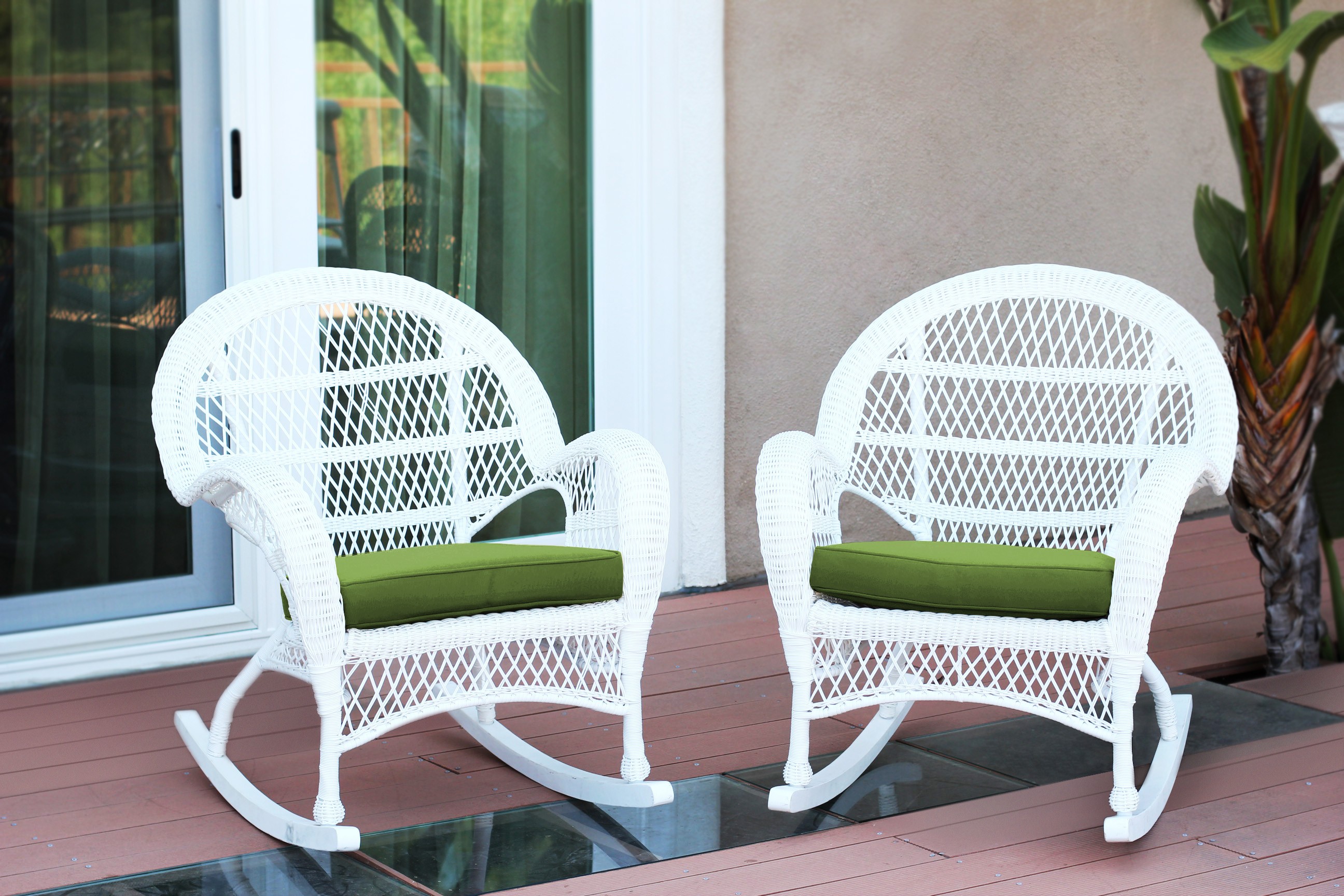 Santa Maria White Wicker Rocker Chair with Hunter Green Cushion - Set of 2