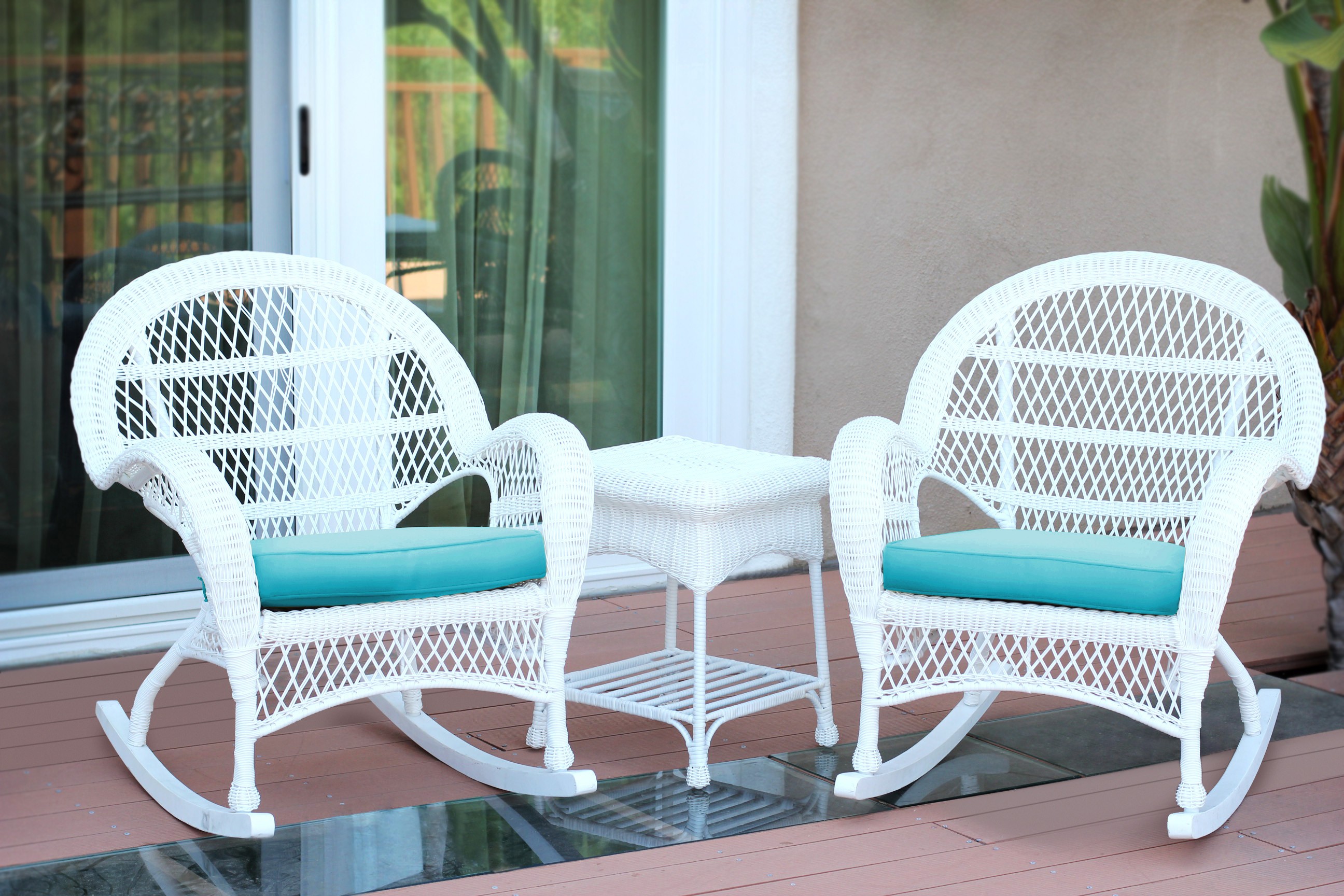 3pc Santa Maria White Rocker Wicker Chair Set - Sky Blue Cushions
