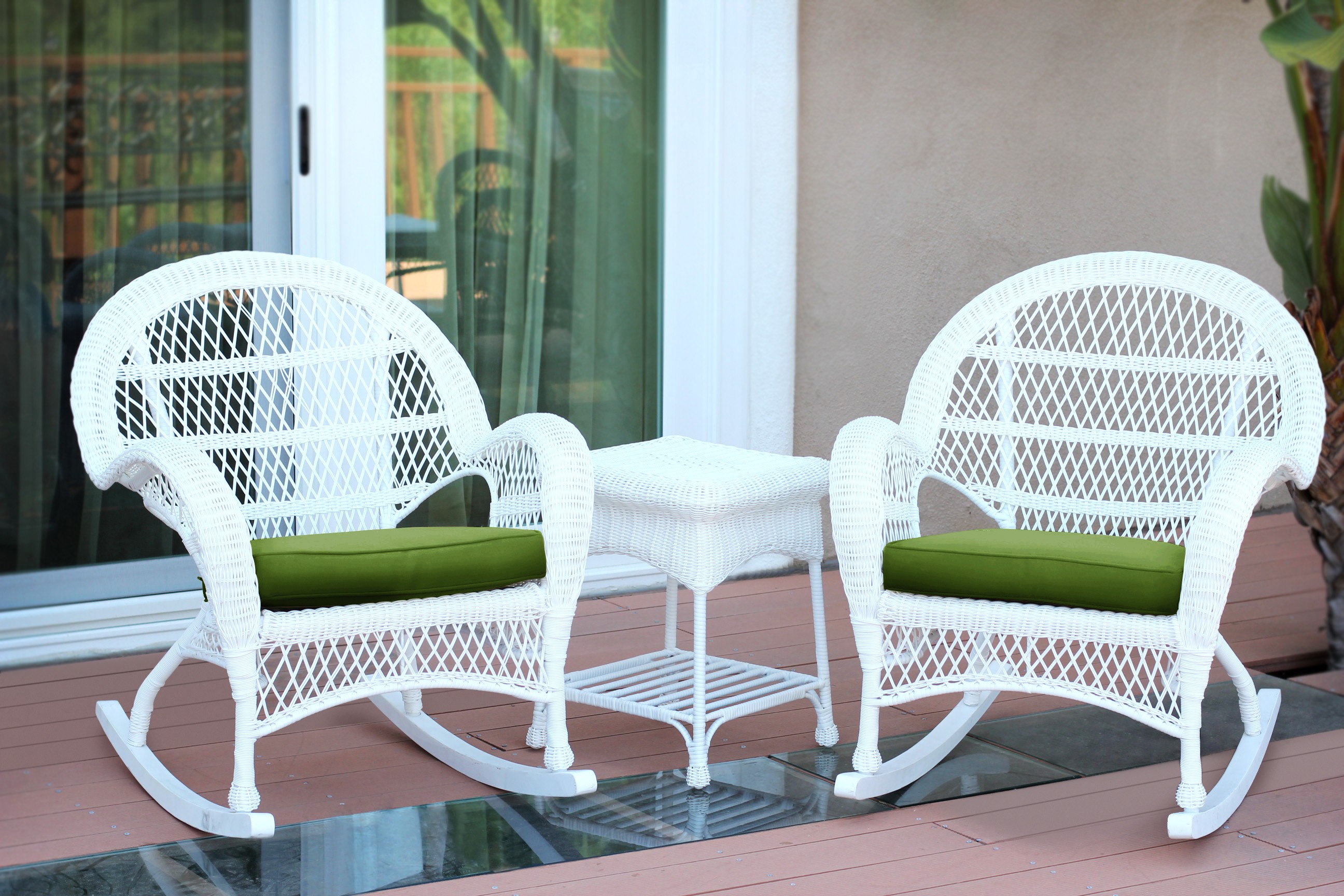 3pc Santa Maria White Rocker Wicker Chair Set - Hunter Green Cushions