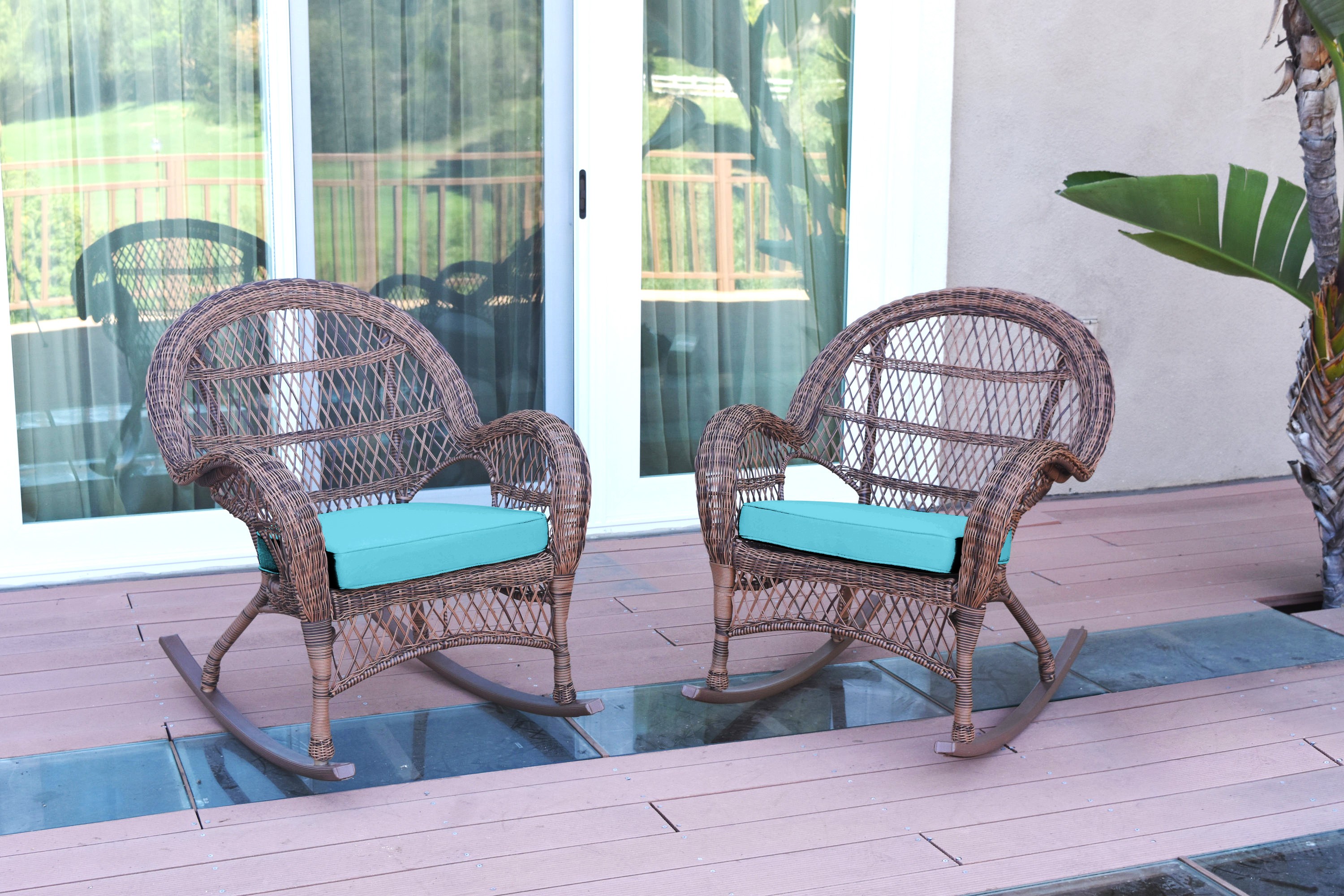 Santa Maria Honey Wicker Rocker Chair with Sky Blue Cushion - Set of 2