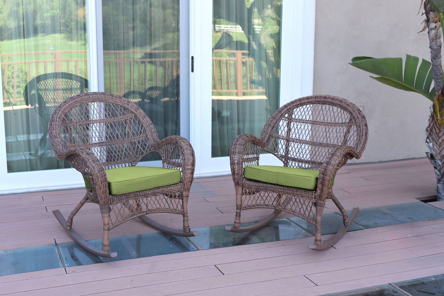 Santa Maria Honey Wicker Rocker Chair with Sage Green Cushion - Set of 2