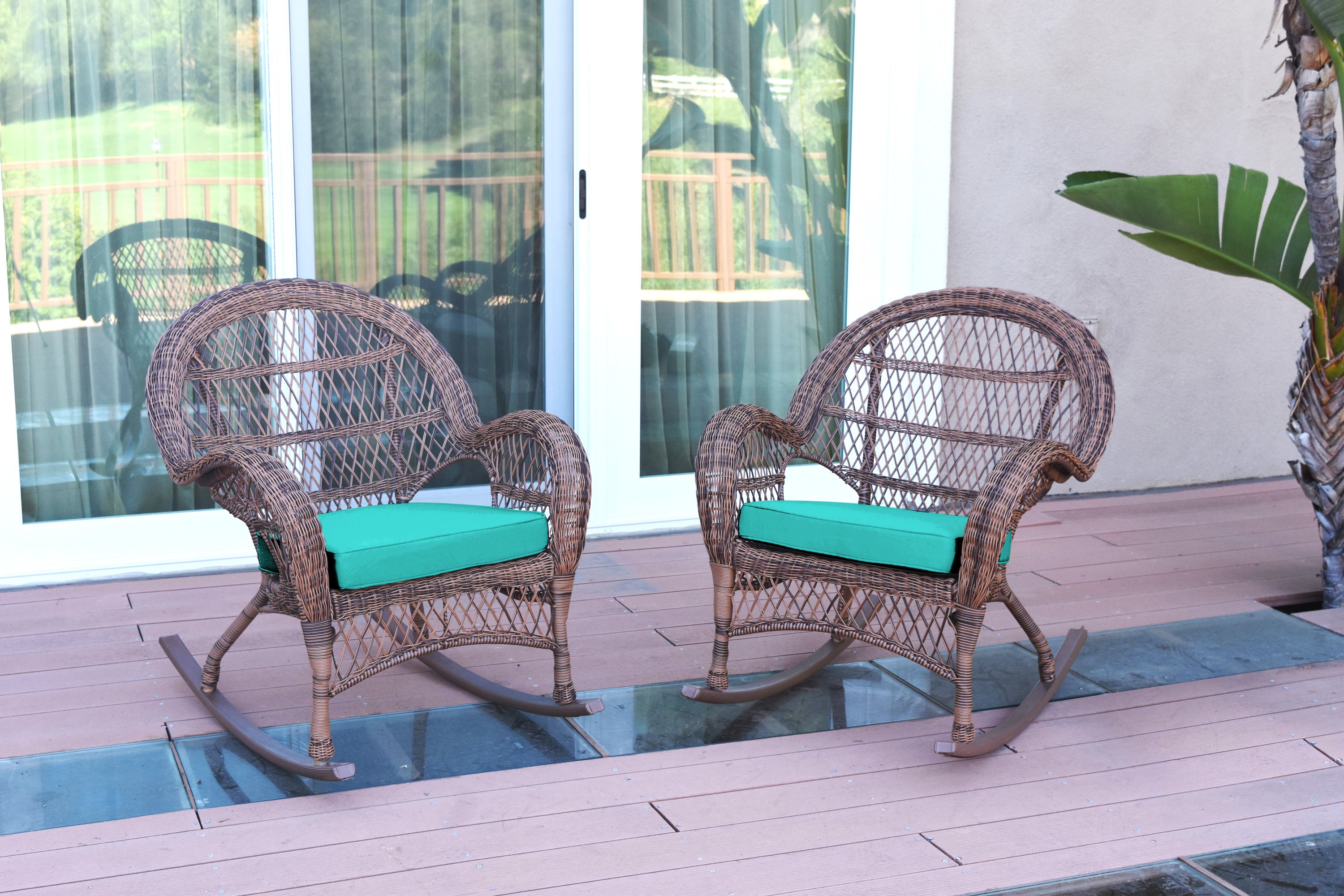 Santa Maria Honey Wicker Rocker Chair with Turquoise Cushion - Set of 2