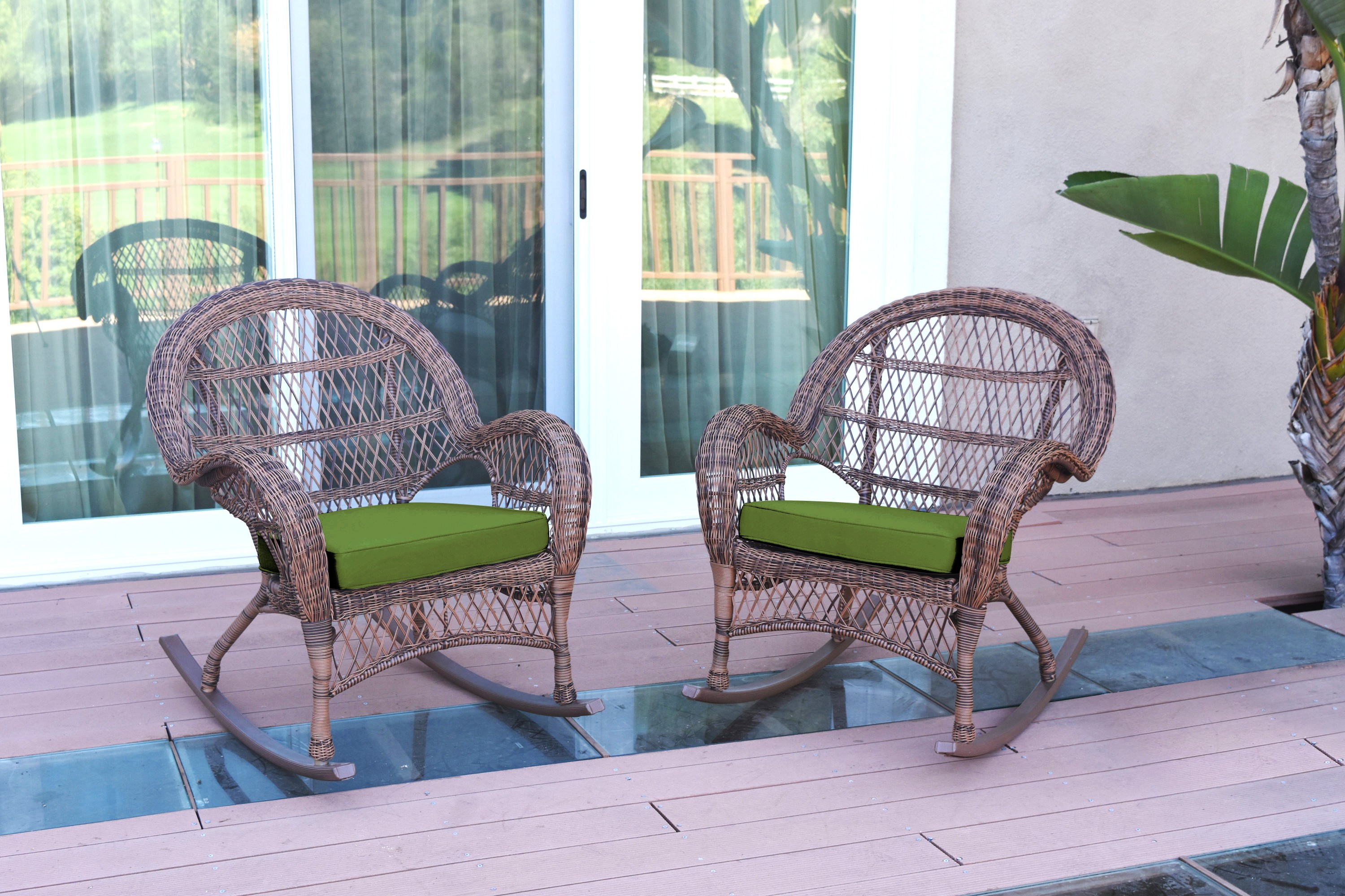 Santa Maria Honey Wicker Rocker Chair with Hunter Green Cushion - Set of 2