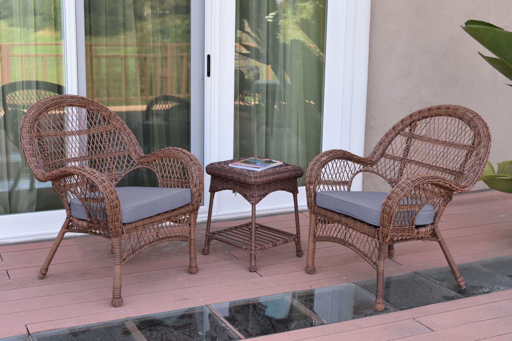 3pc Santa Maria Honey Wicker Chair Set - Steel Blue Cushions