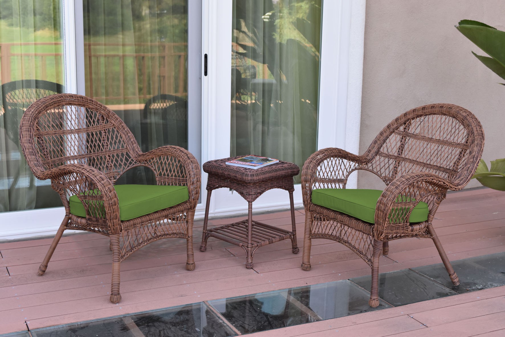 3pc Santa Maria Honey Wicker Chair Set - Hunter Green Cushions
