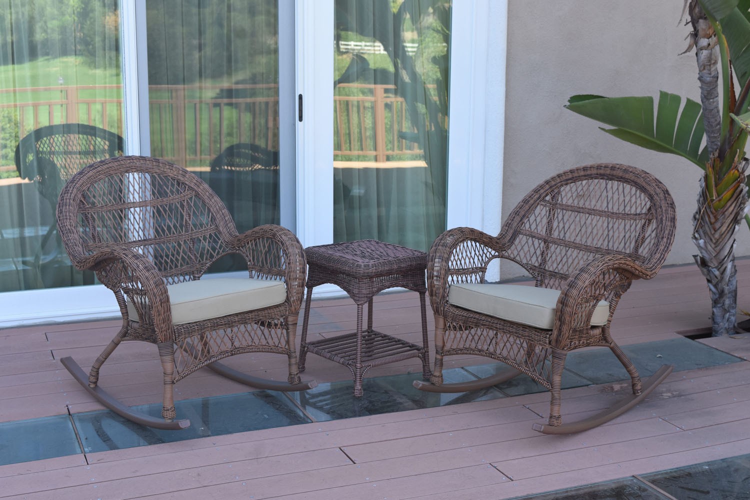 3pc Santa Maria Honey Rocker Wicker Chair Set - Tan Cushions