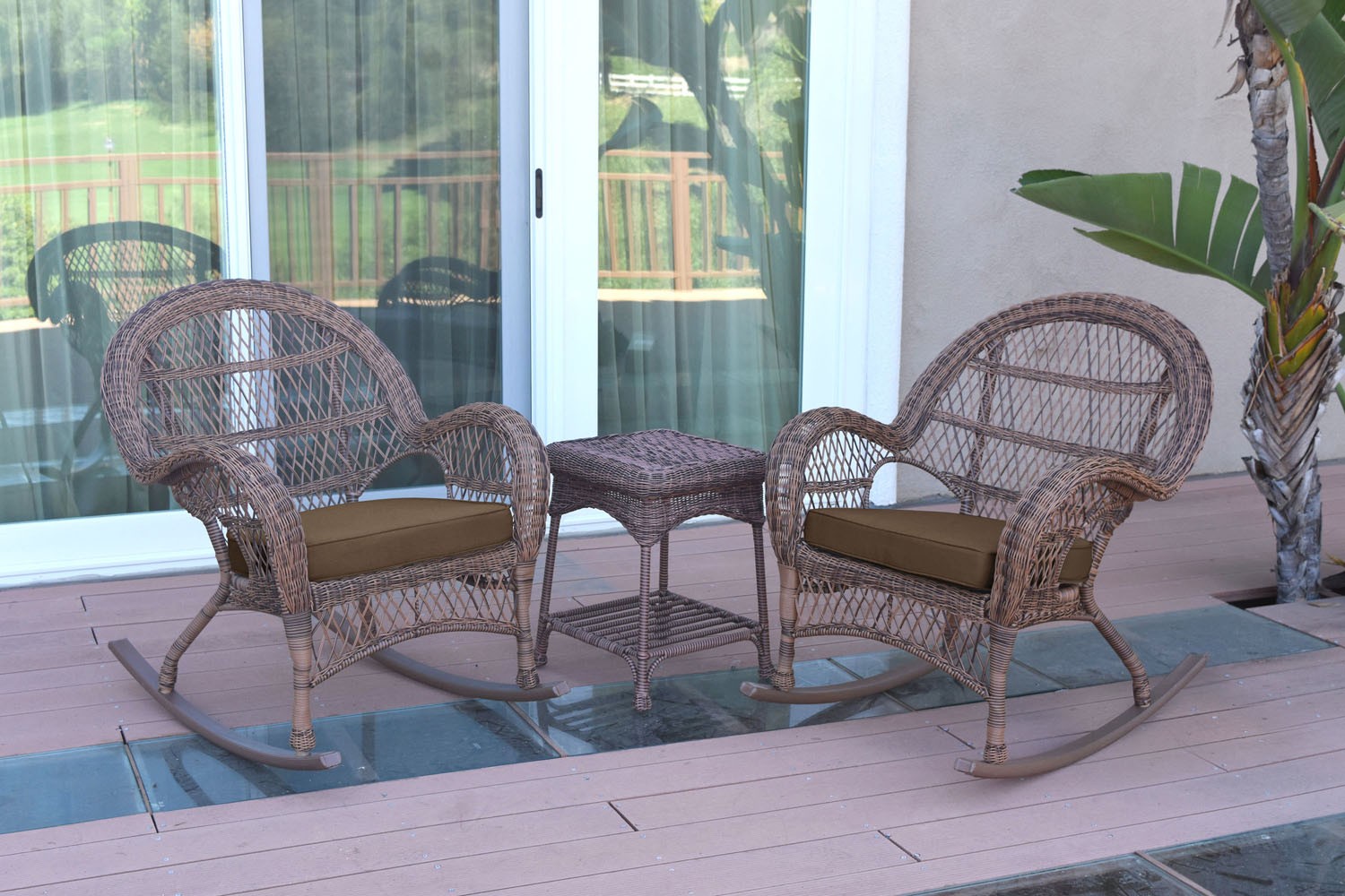 3pc Santa Maria Honey Rocker Wicker Chair Set - Brown Cushions