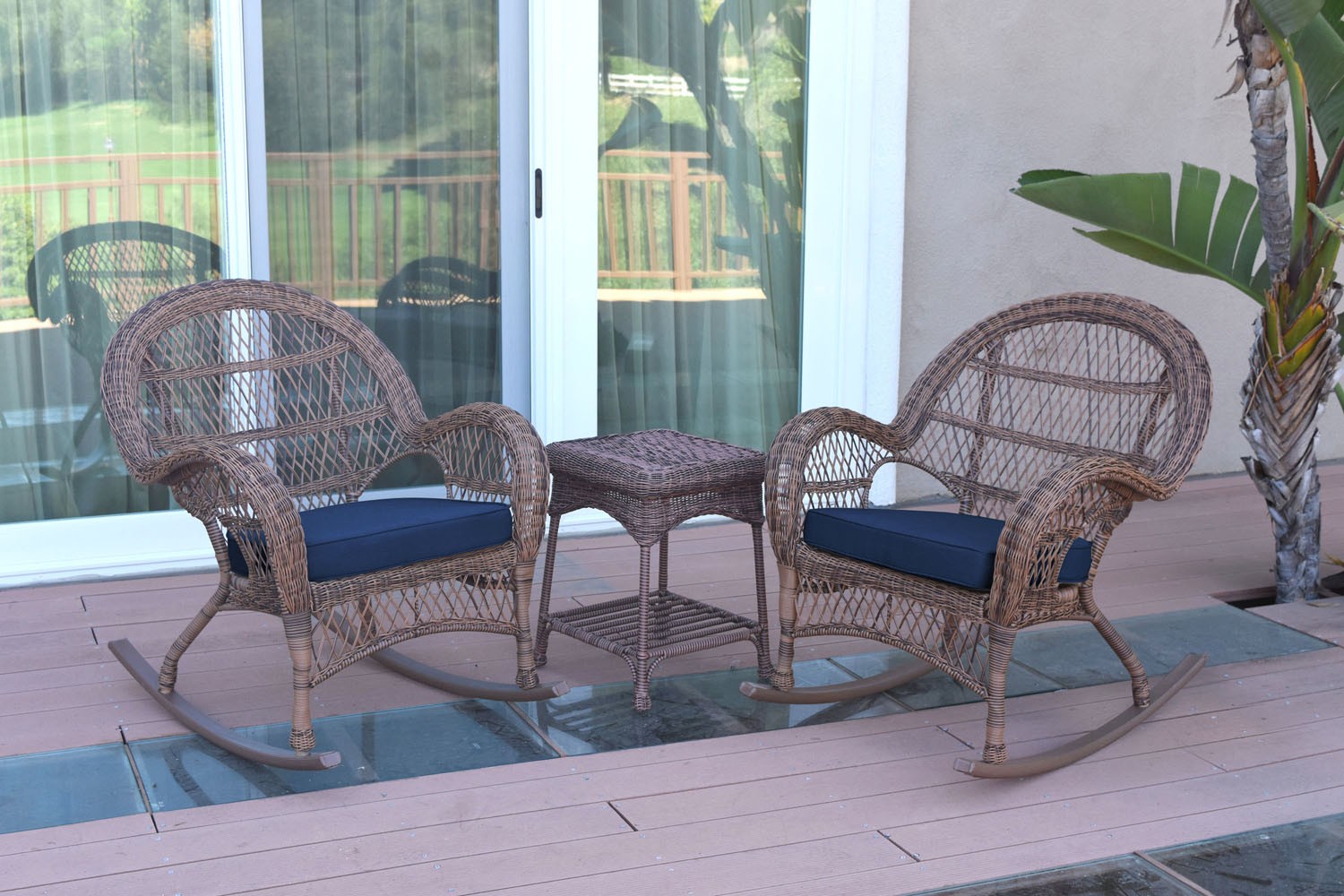 3pc Santa Maria Honey Rocker Wicker Chair Set - Midnight Blue Cushions