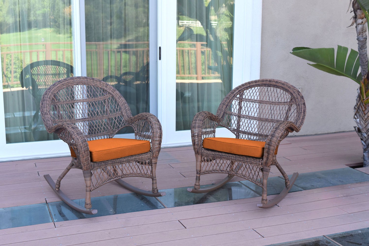 3pc Santa Maria Honey Rocker Wicker Chair Set - Orange Cushions