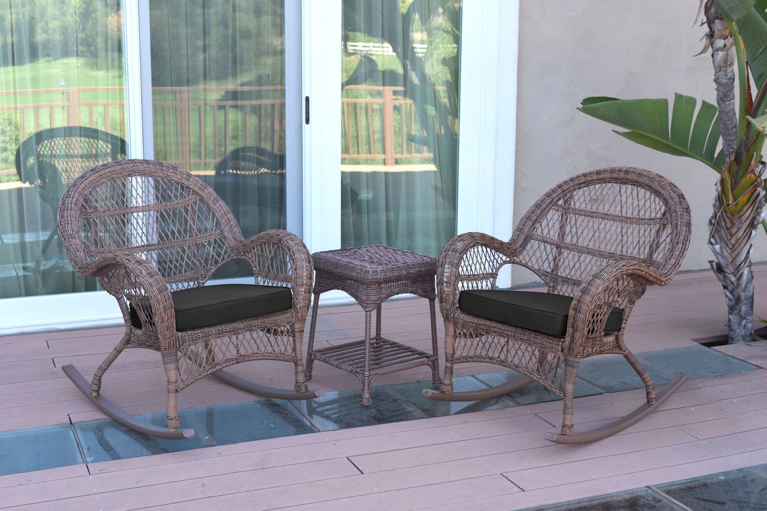 3pc Santa Maria Honey Rocker Wicker Chair Set - Black Cushions