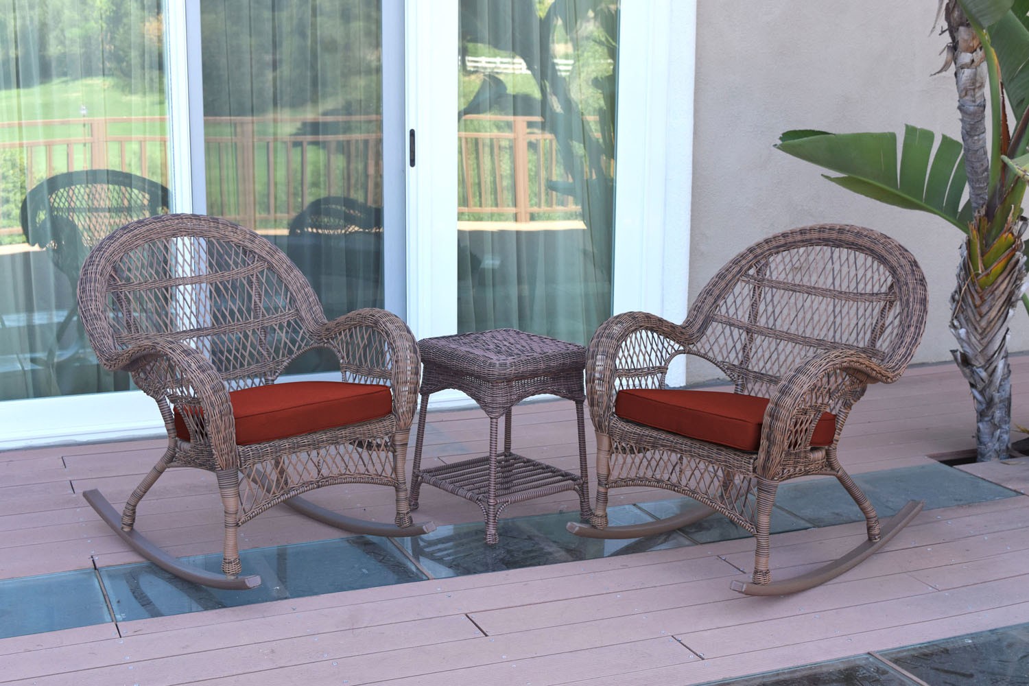 3pc Santa Maria Honey Rocker Wicker Chair Set - Brick Red Cushions