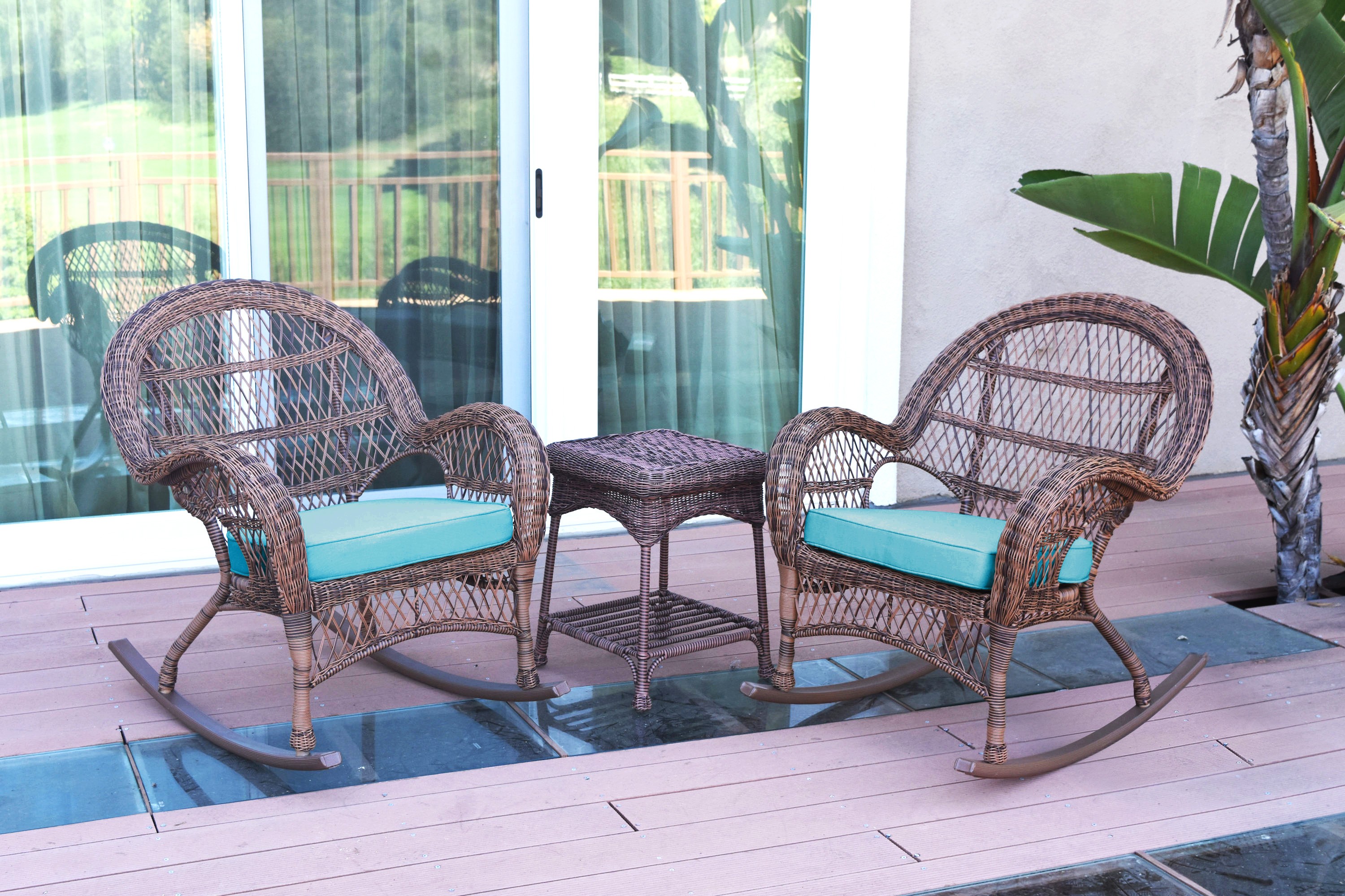 3pc Santa Maria Honey Rocker Wicker Chair Set - Sky Blue Cushions