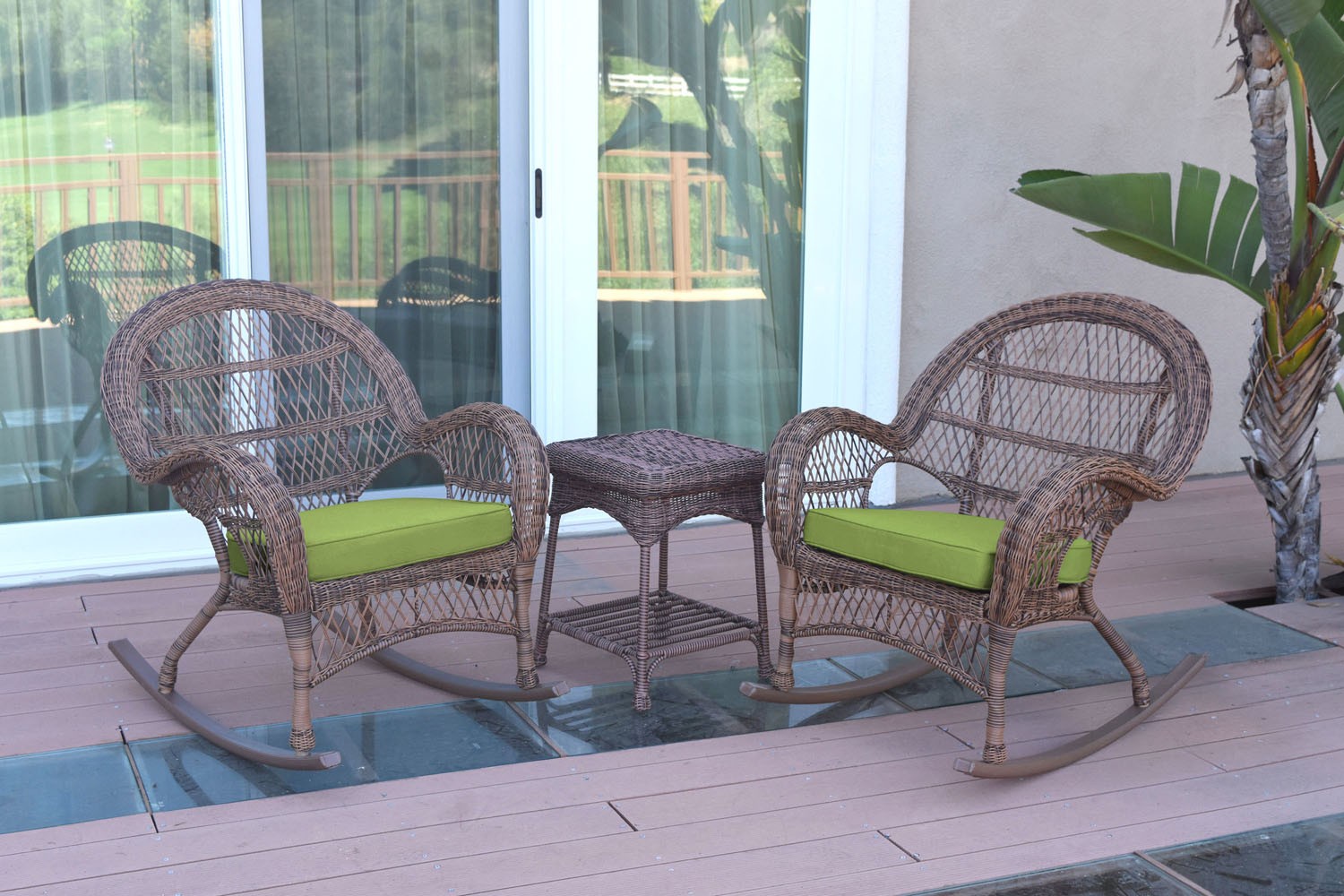 3pc Santa Maria Honey Rocker Wicker Chair Set - Sage Green Cushions