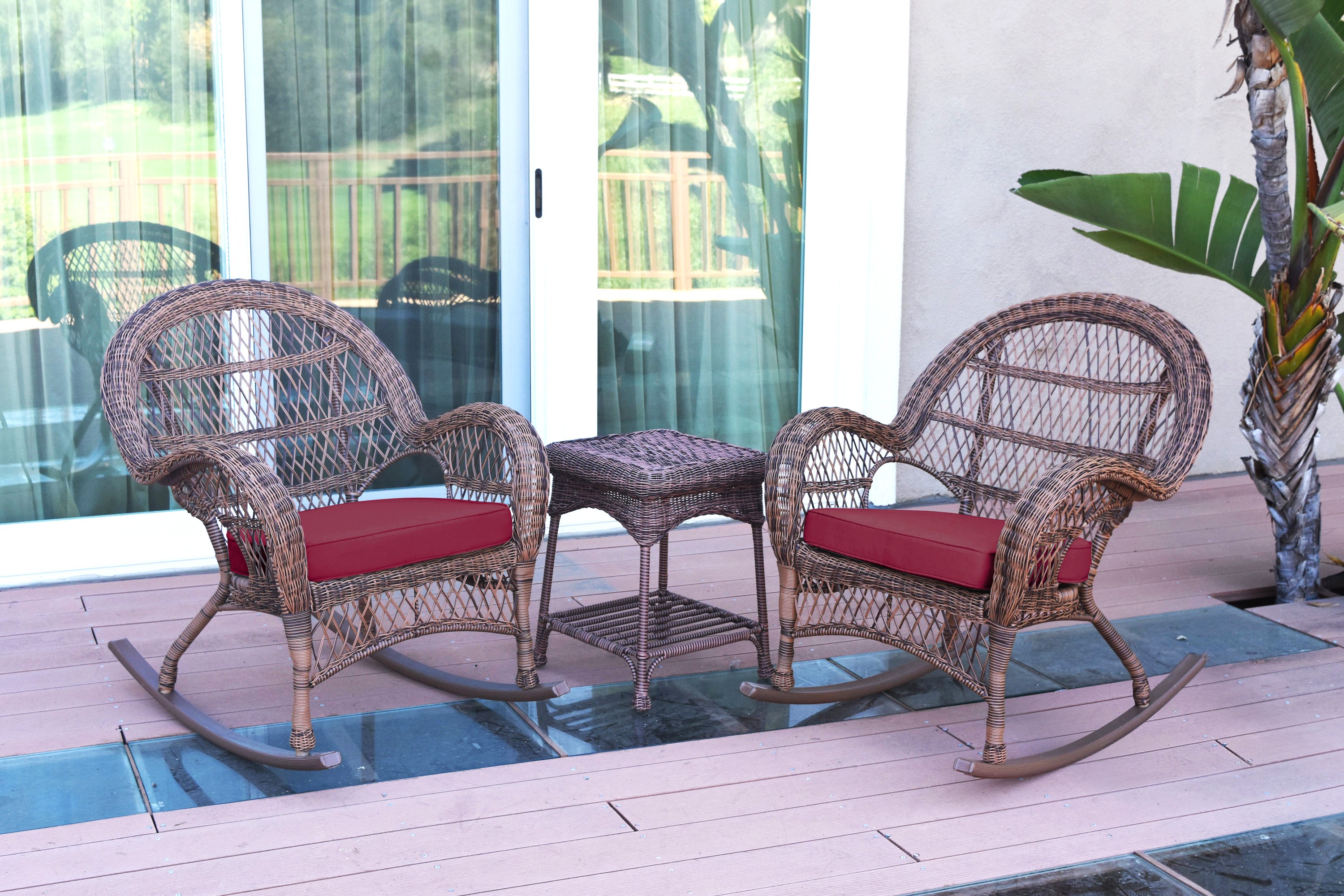 3pc Santa Maria Honey Rocker Wicker Chair Set - Red Cushions