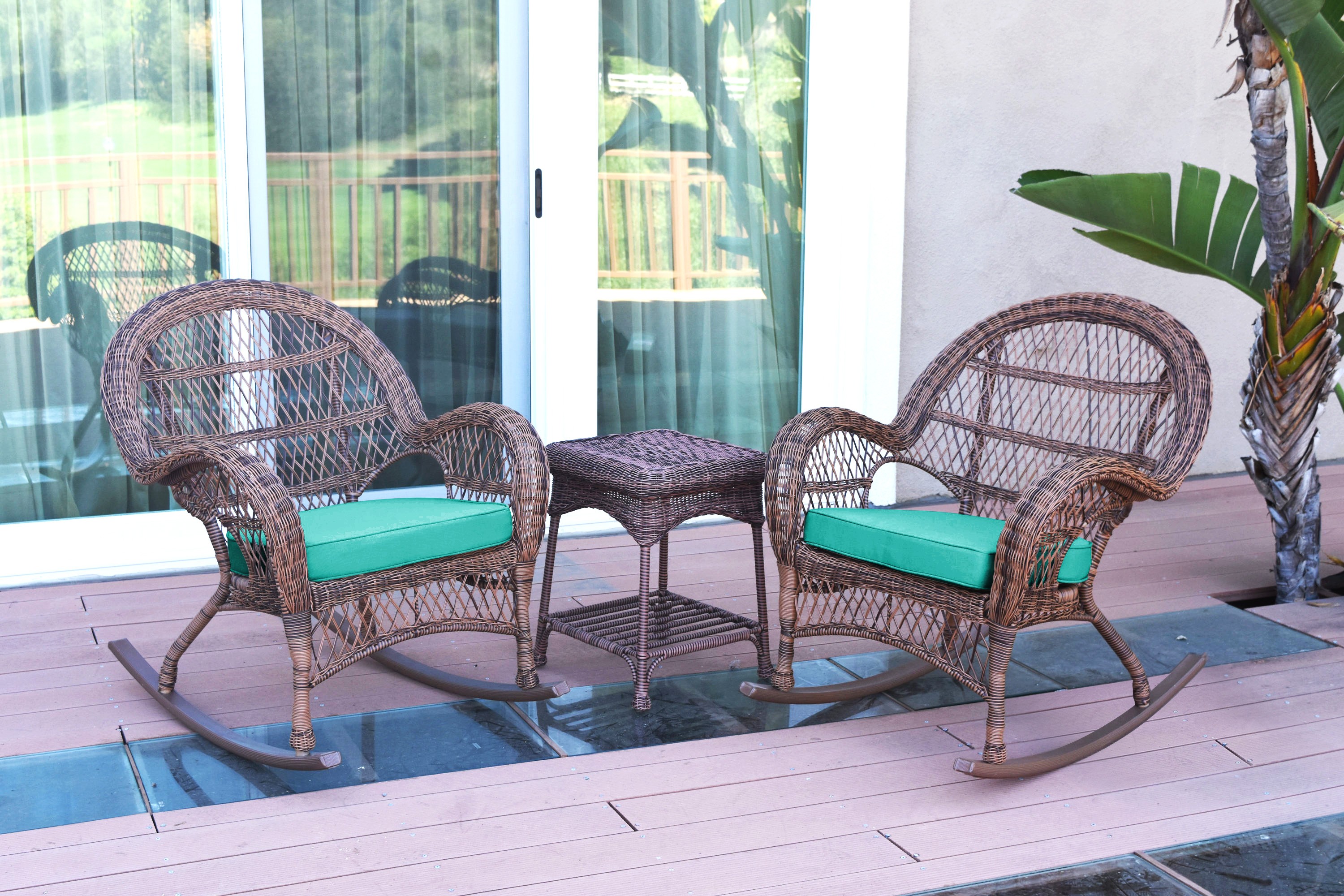 3pc Santa Maria Honey Rocker Wicker Chair Set - Turquoise Cushions