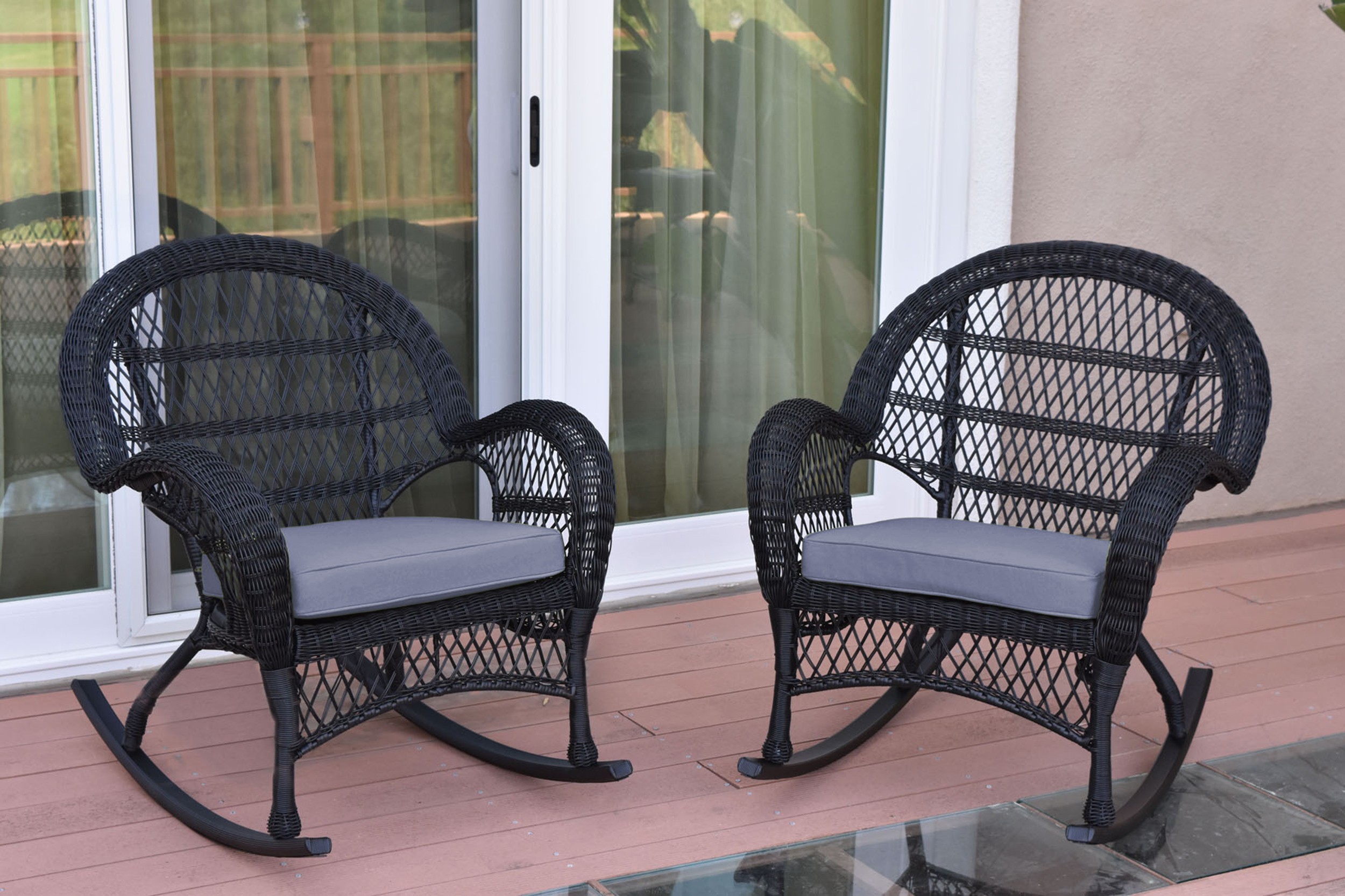 Santa Maria Black Wicker Rocker Chair with Steel Blue Cushion - Set of 2
