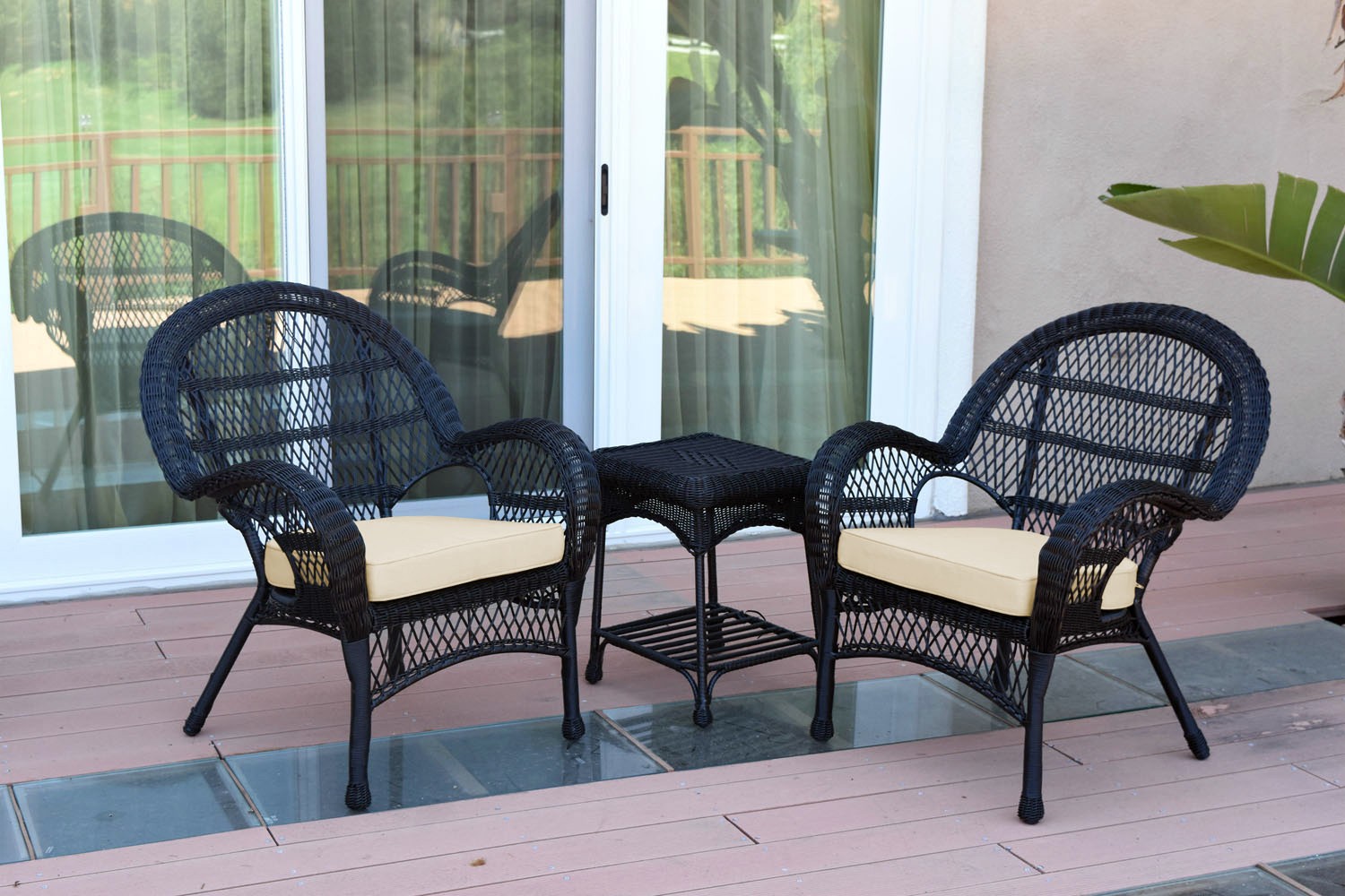 3pc Santa Maria Black Wicker Chair Set - Ivory Cushions