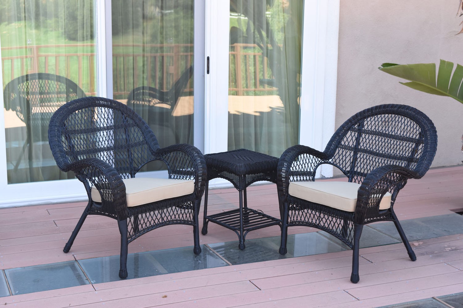 3pc Santa Maria Black Wicker Chair Set - Tan Cushions