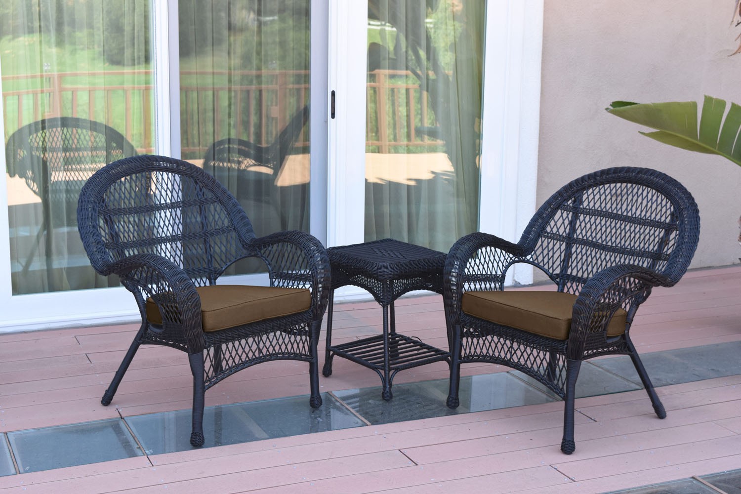 3pc Santa Maria Black Wicker Chair Set - Brown Cushions