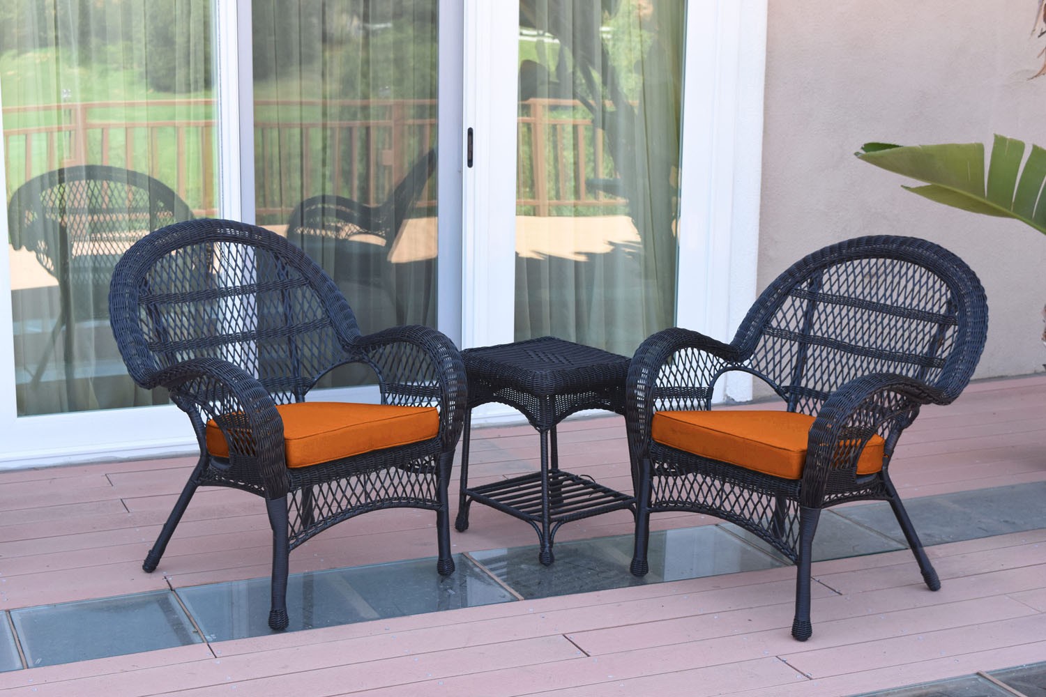 3pc Santa Maria Black Wicker Chair Set - Orange Cushions