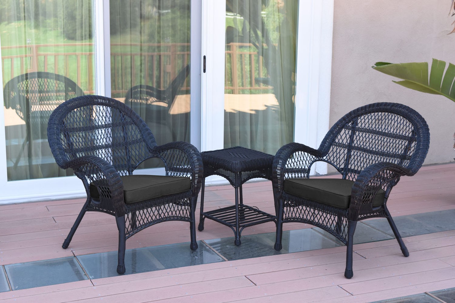 3pc Santa Maria Black Wicker Chair Set - Black Cushions
