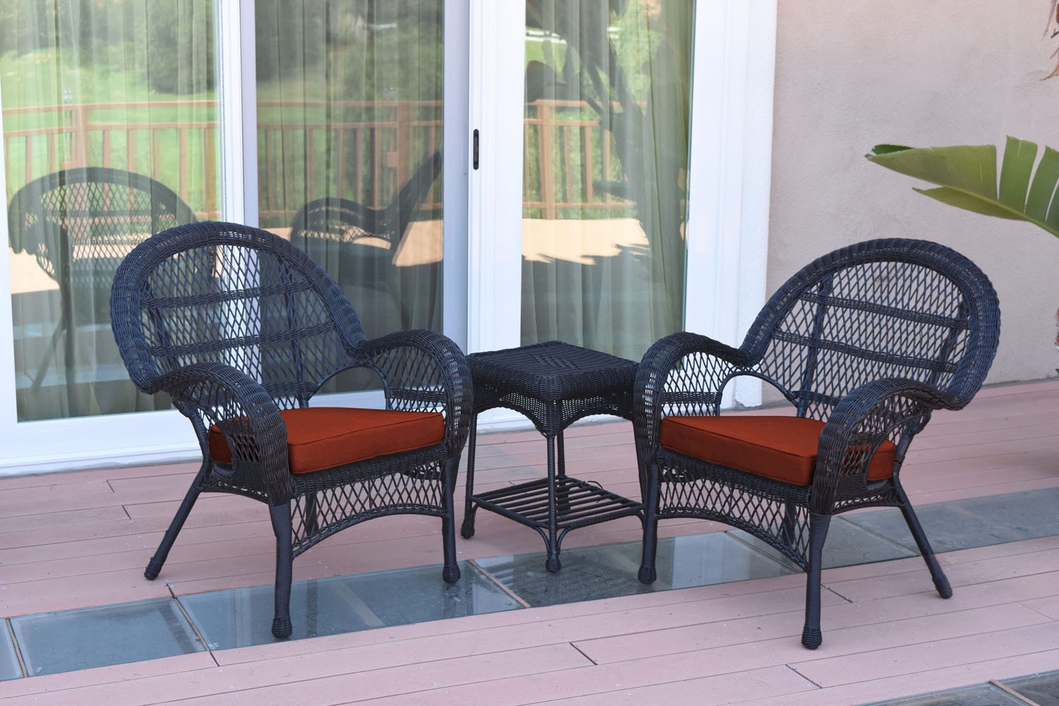 3pc Santa Maria Black Wicker Chair Set - Brick Red Cushions
