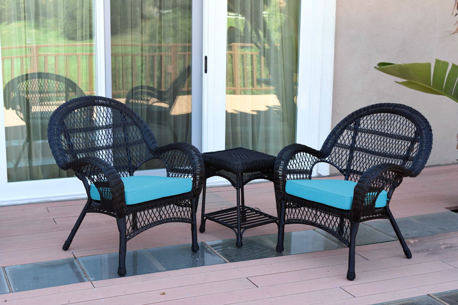 3pc Santa Maria Black Wicker Chair Set - Sky Blue Cushions