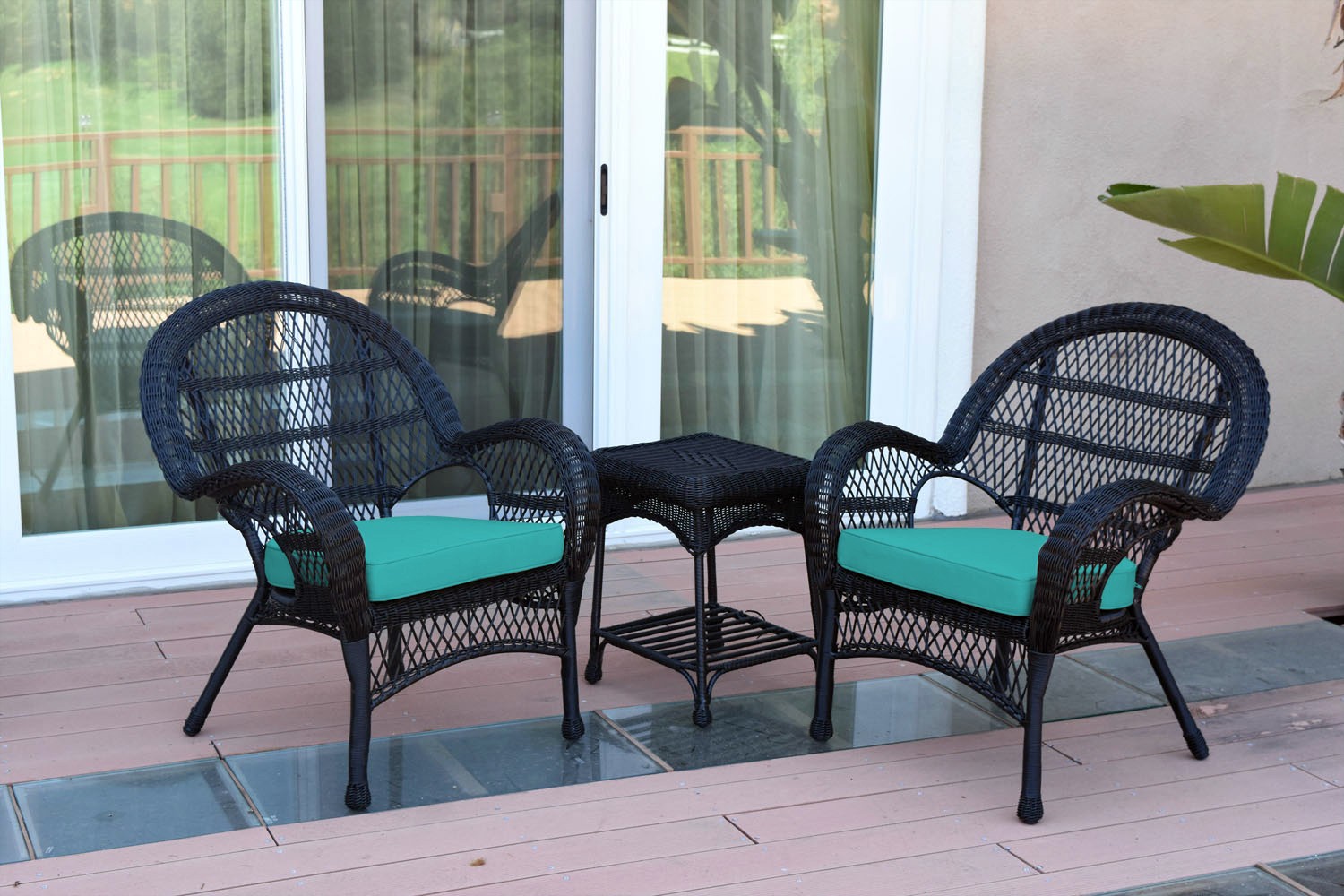 3pc Santa Maria Black Wicker Chair Set - Turquoise Cushions
