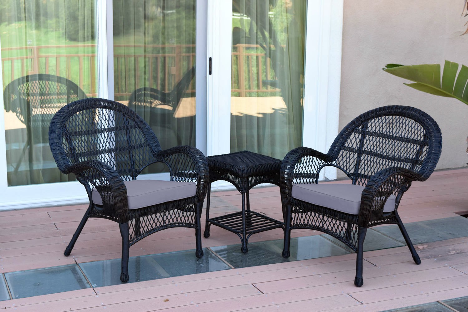 3pc Santa Maria Black Wicker Chair Set - Steel Blue Cushions