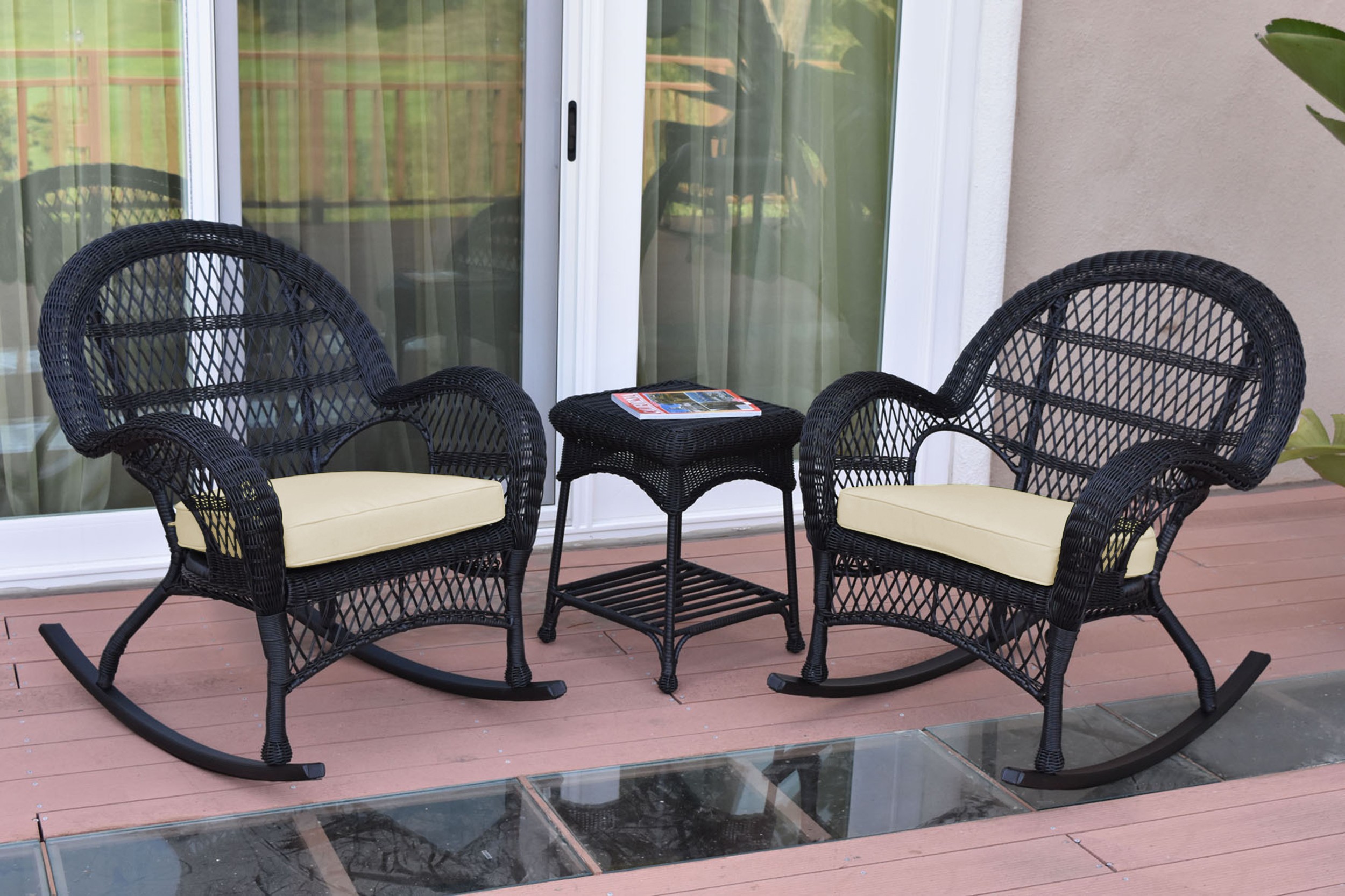 3pc Santa Maria Black Rocker Wicker Chair Set - Ivory Cushions