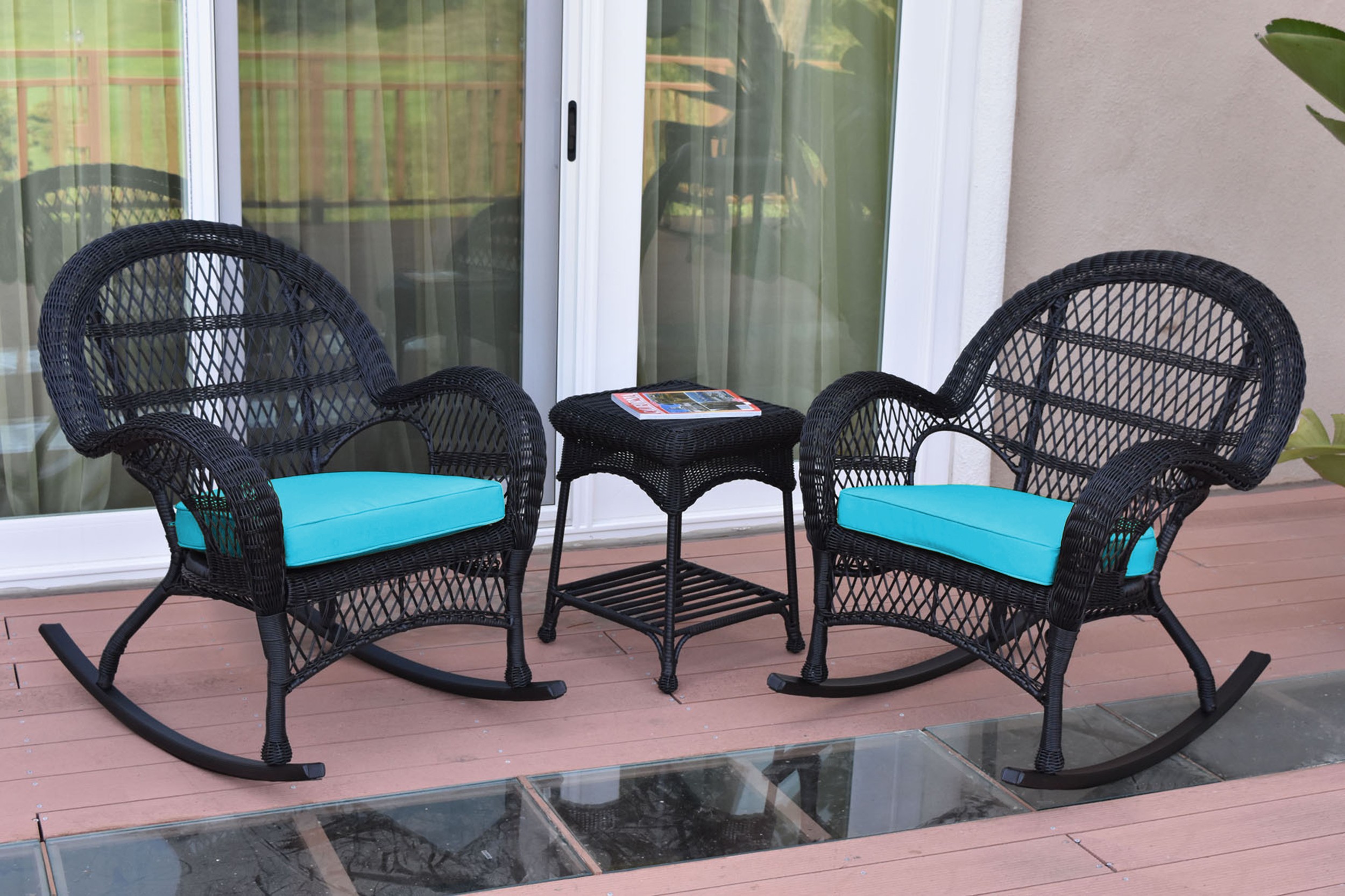 3pc Santa Maria Black Rocker Wicker Chair Set - Sky Blue Cushions