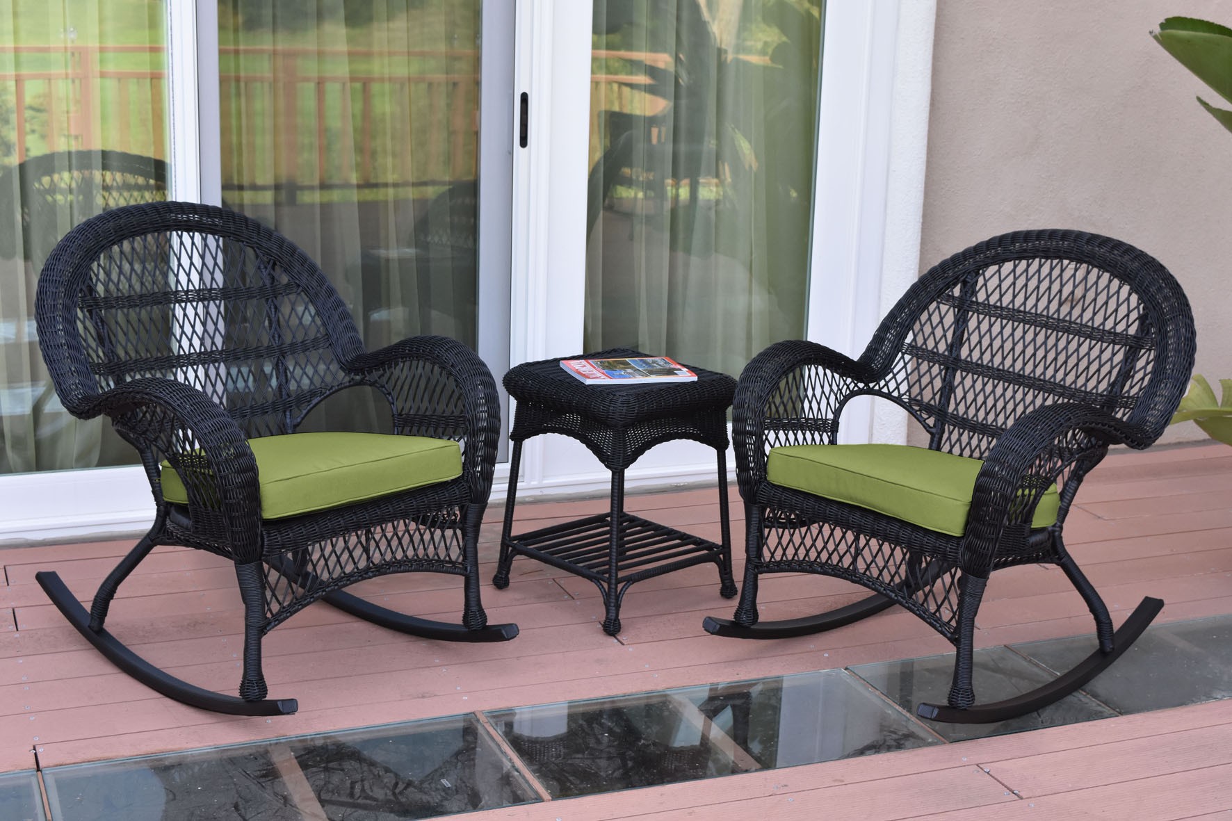 3pc Santa Maria Black Rocker Wicker Chair Set - Sage Green Cushions