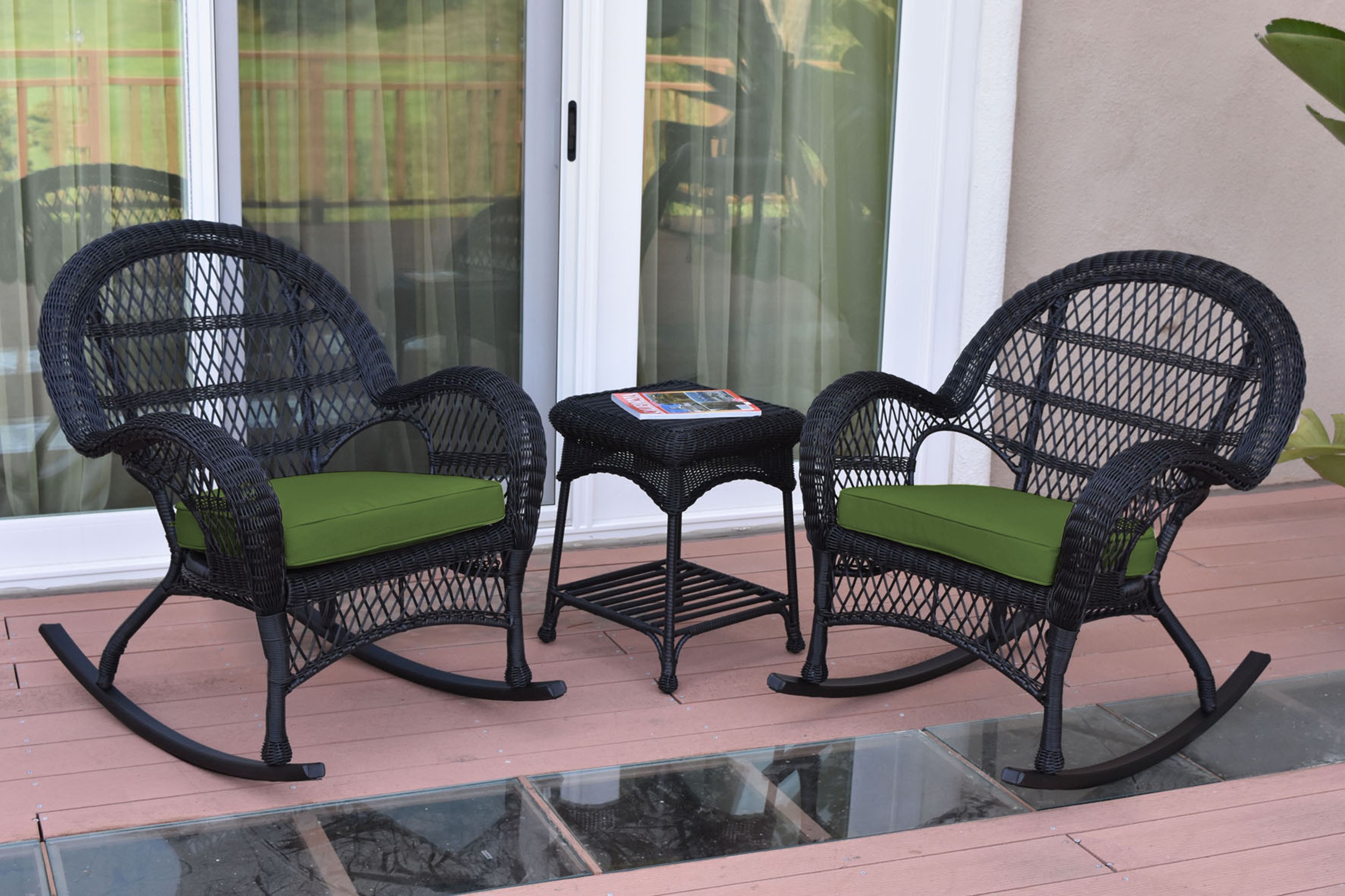 3pc Santa Maria Black Rocker Wicker Chair Set - Hunter Green Cushions
