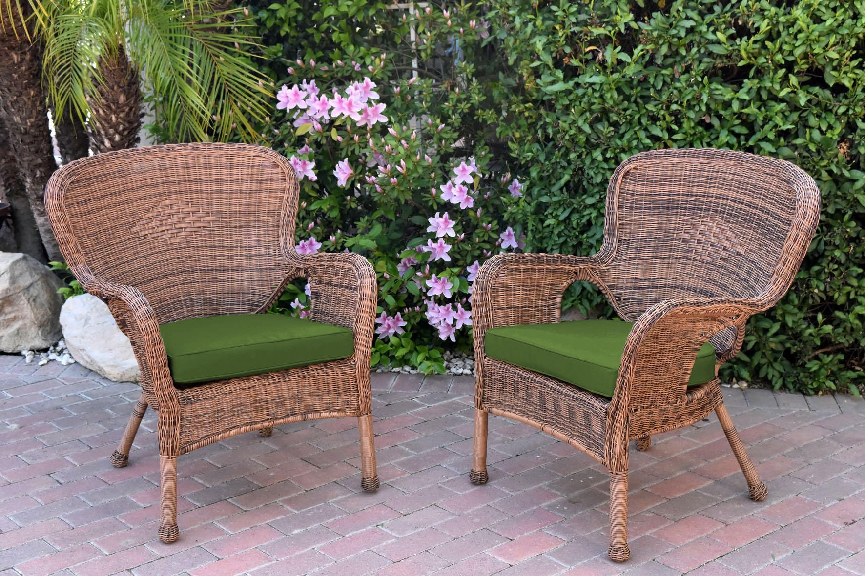 Set of 2 Windsor Honey Resin Wicker Chair with Hunter Green Cushion