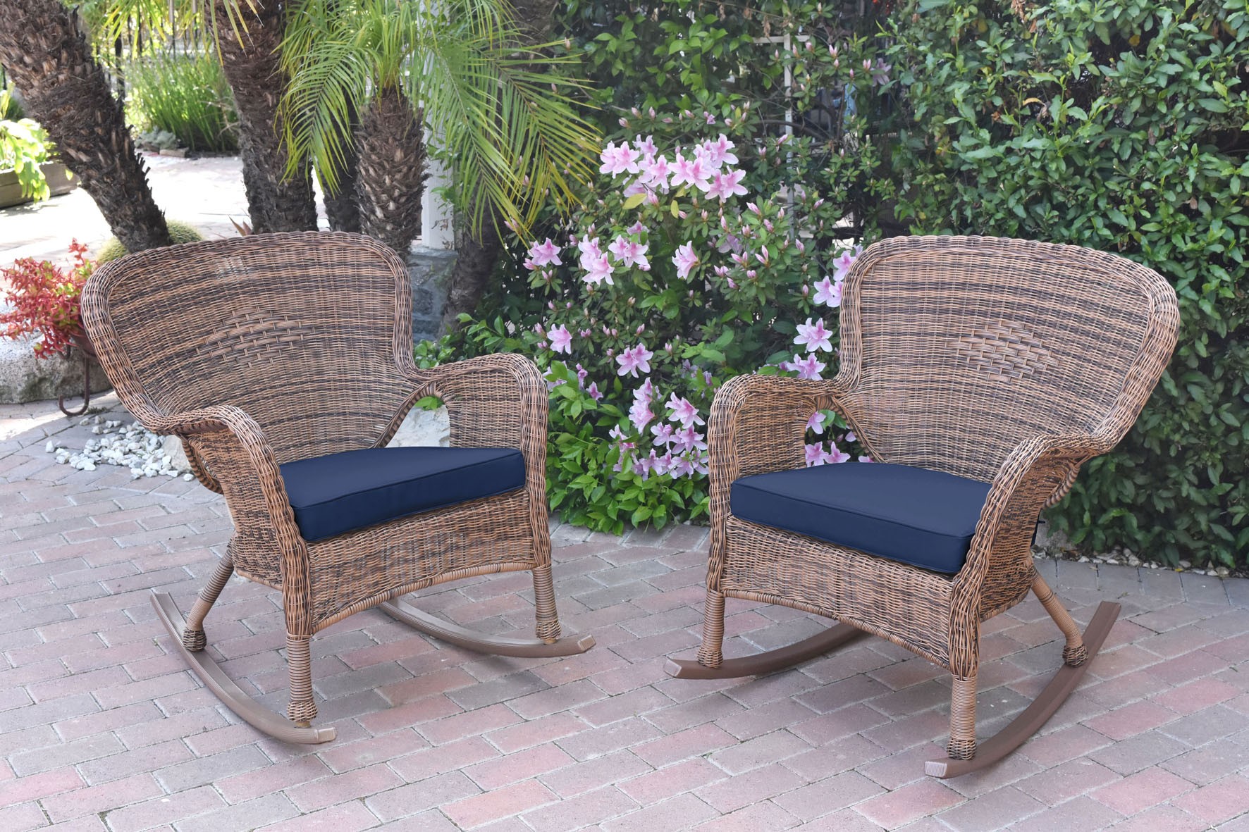 Set of 2 Windsor Honey Resin Wicker Rocker Chair with Midnight Blue Cushions
