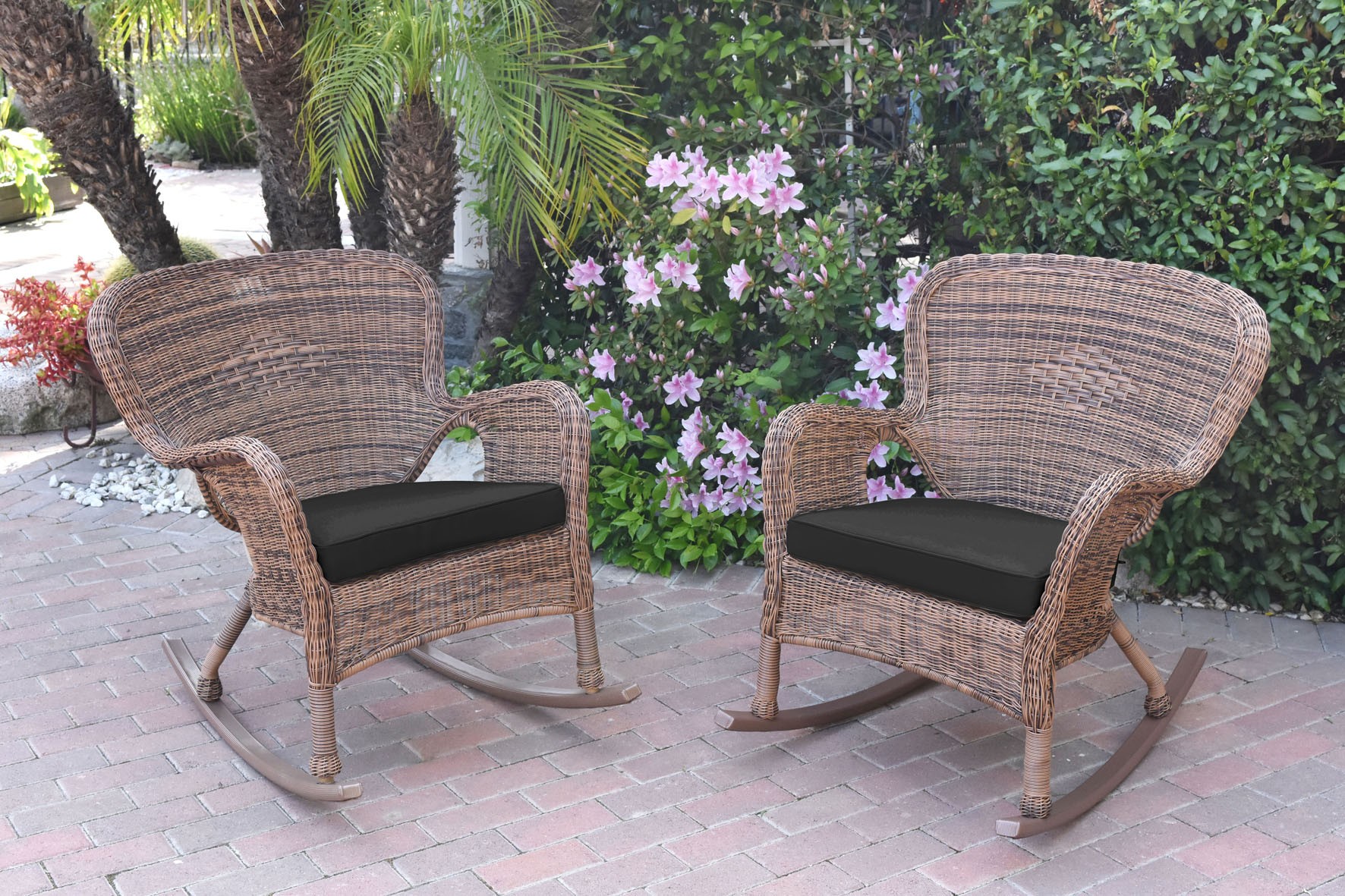 Set of 2 Windsor Honey Resin Wicker Rocker Chair with Black Cushions