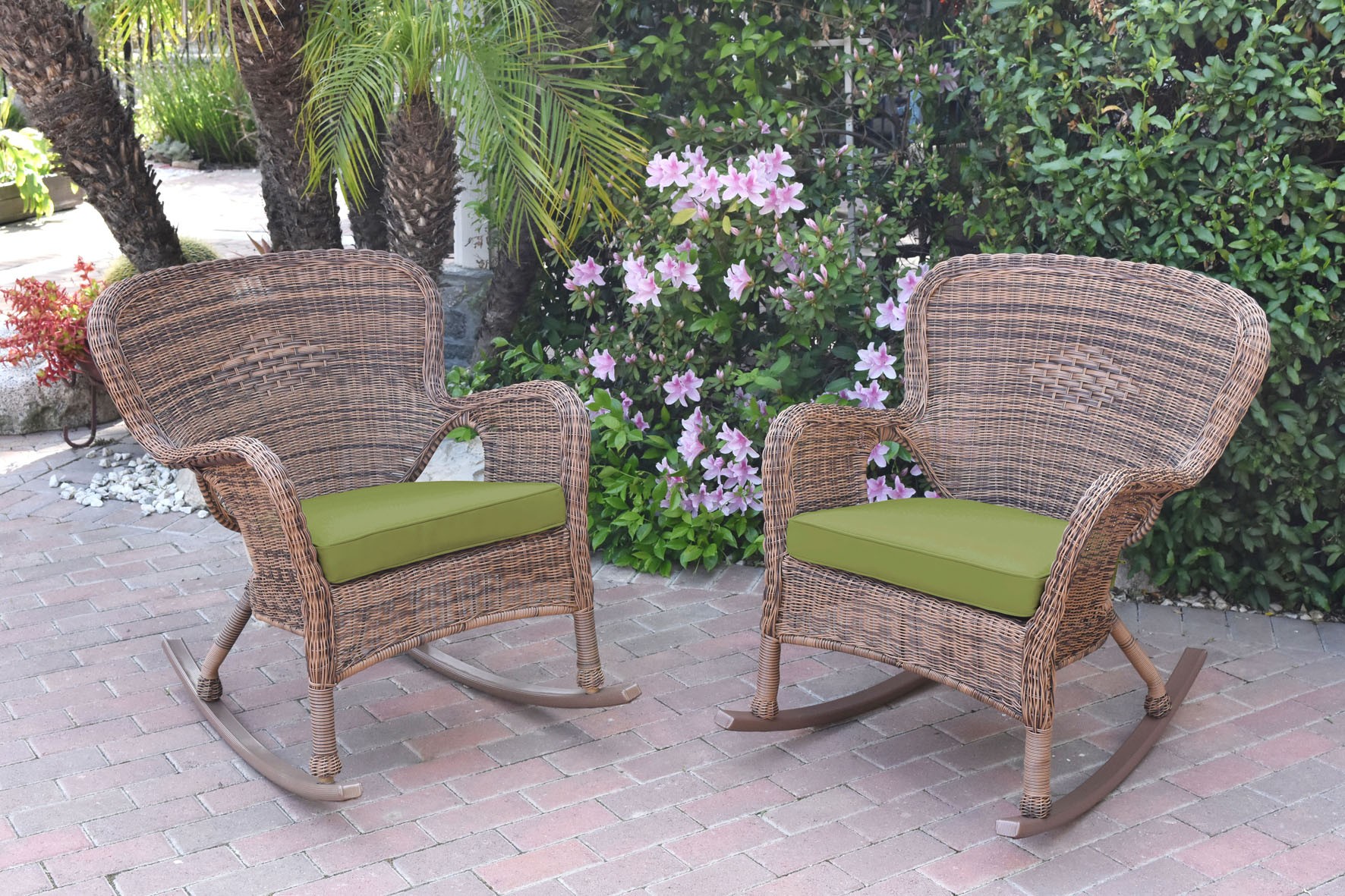 Set of 2 Windsor Honey Resin Wicker Rocker Chair with Sage Green Cushions