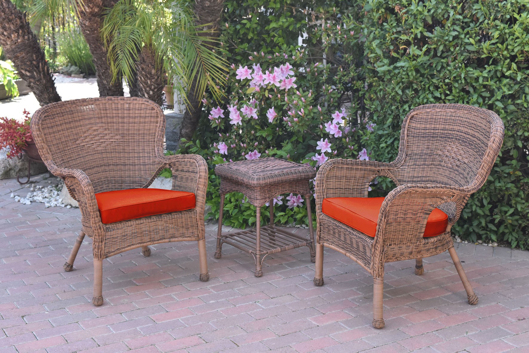 Windsor Honey Wicker Chair And End Table Set With Brick Red Chair Cushion