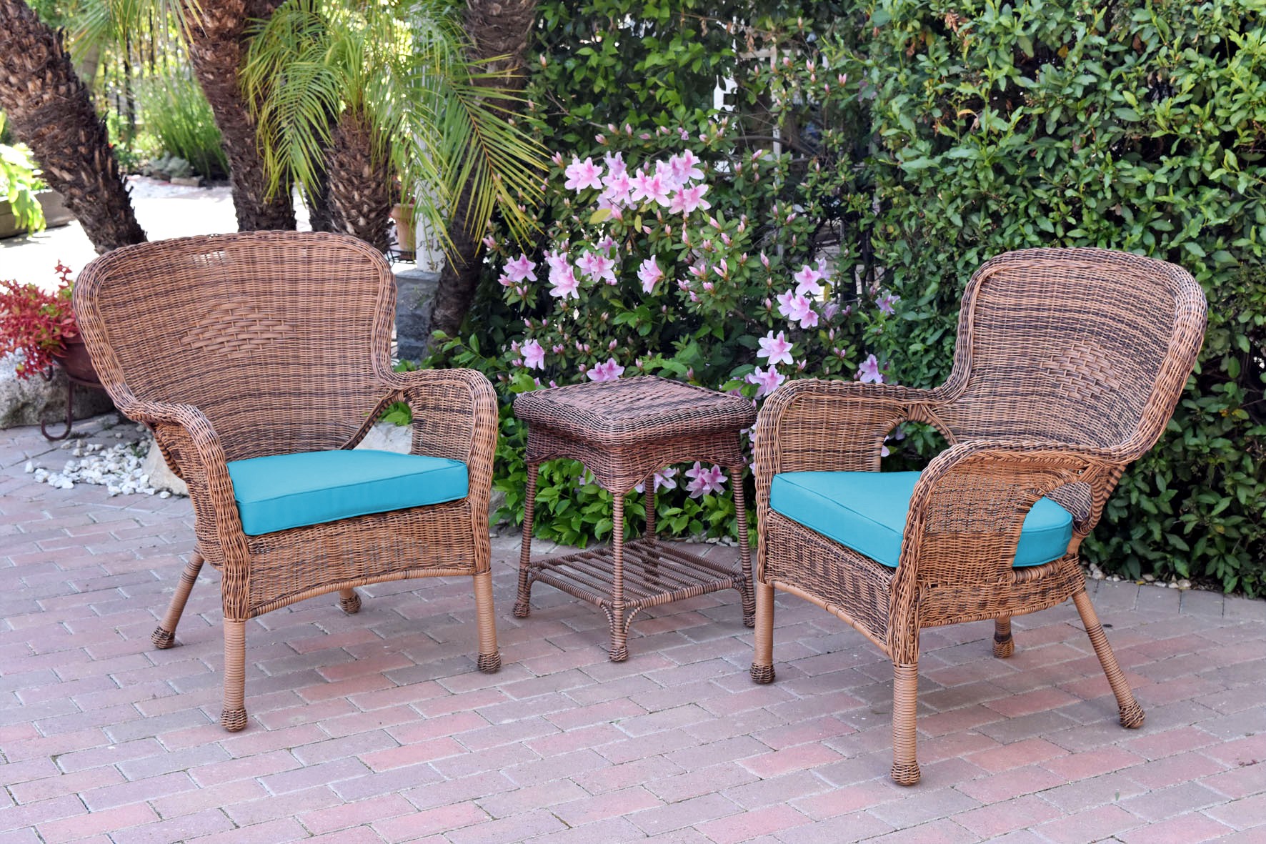 Windsor Honey Wicker Chair And End Table Set With Sky Blue Chair Cushion