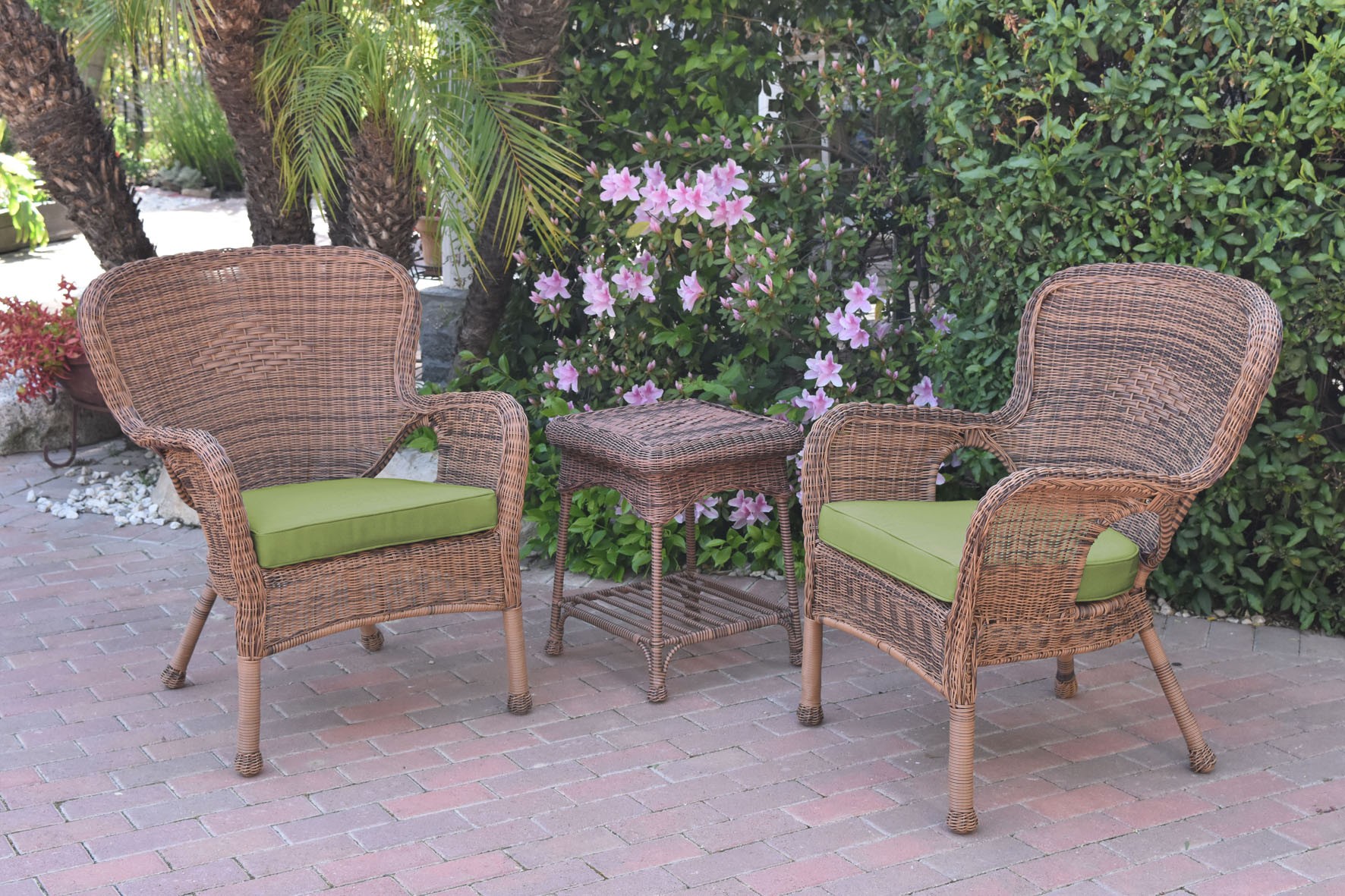 Windsor Honey Wicker Chair And End Table Set With Sage Green Chair Cushion