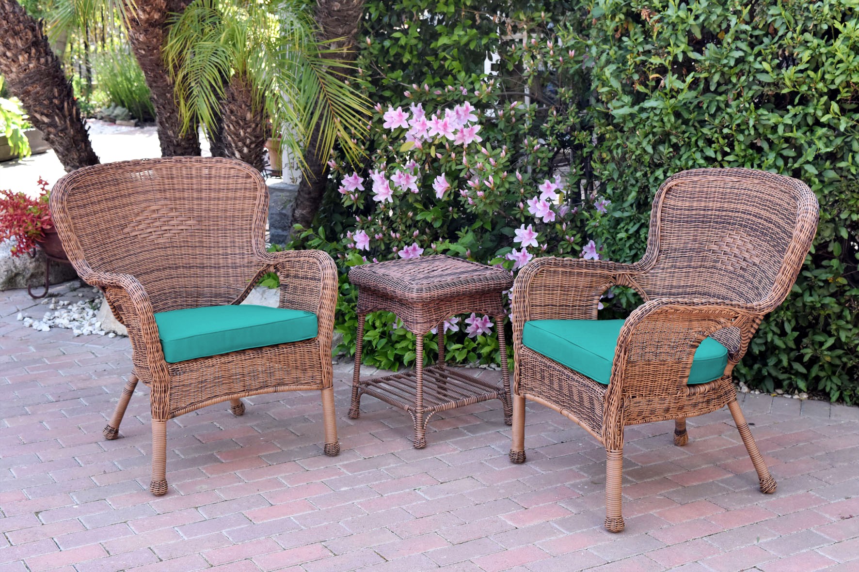 Windsor Honey Wicker Chair And End Table Set With Turquoise Chair Cushion