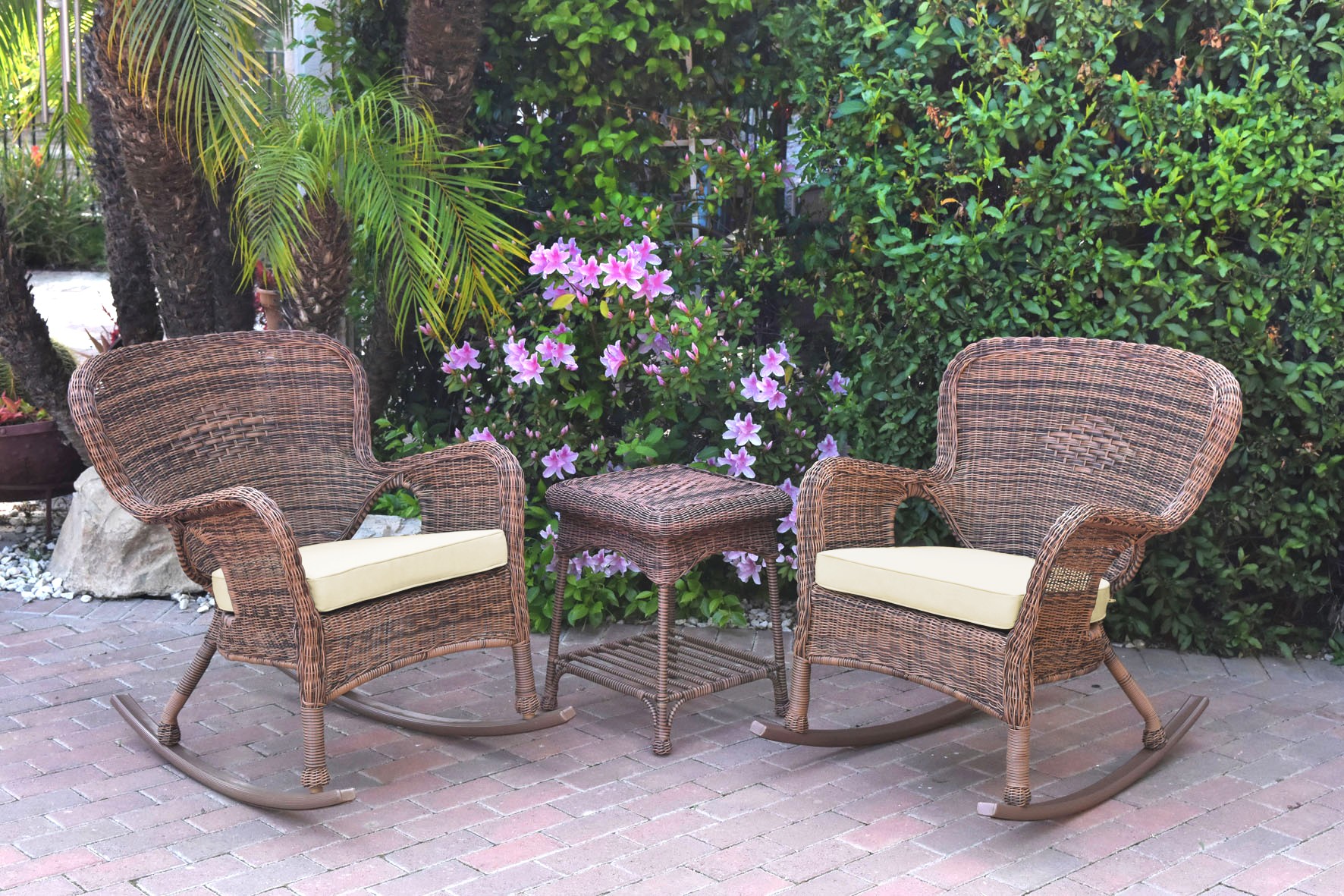 Windsor Honey Wicker Rocker Chair And End Table Set With Ivory Chair Cushion
