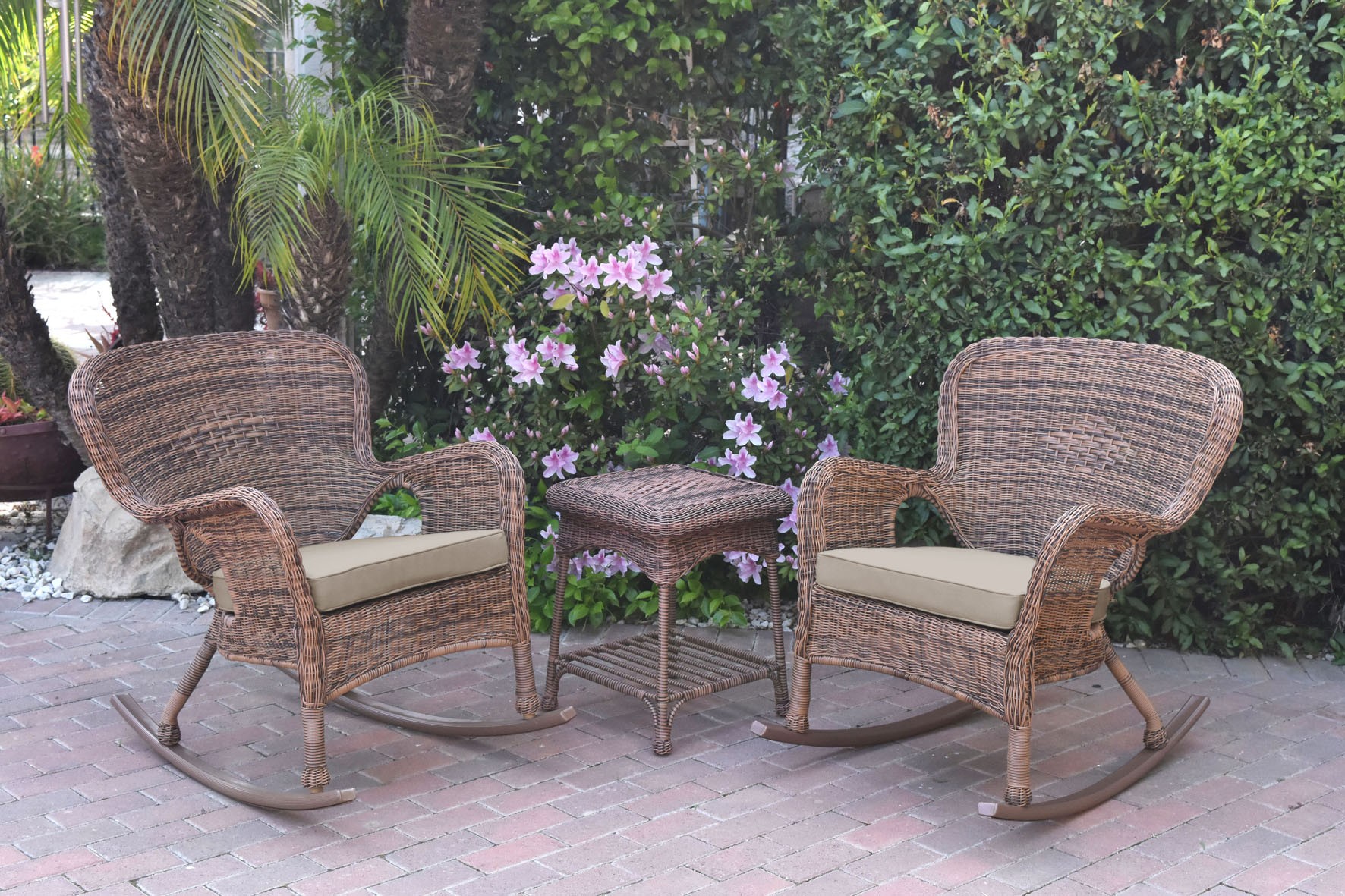 Windsor Honey Wicker Rocker Chair And End Table Set With Tan Chair Cushion