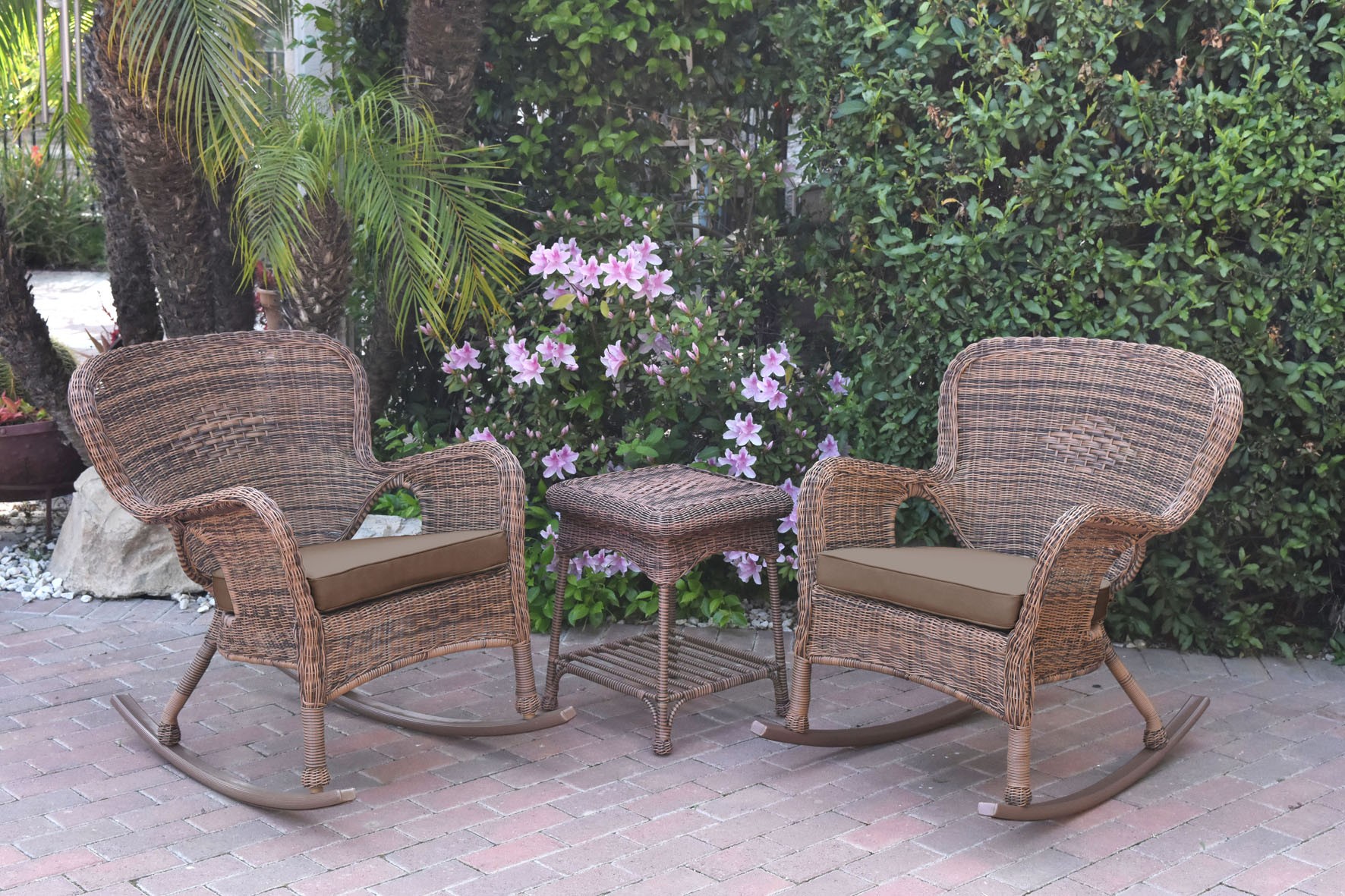 Windsor Honey Wicker Rocker Chair And End Table Set With Brown Chair Cushion