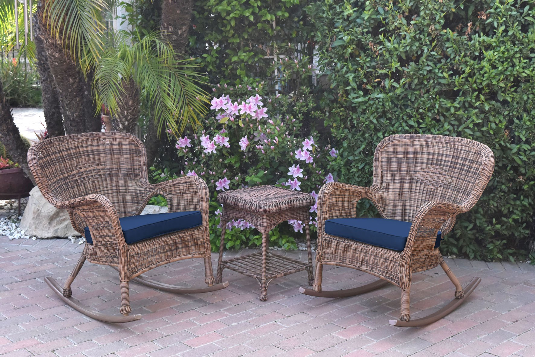 Windsor Honey Wicker Rocker Chair And End Table Set With Midnight Blue Chair Cushion