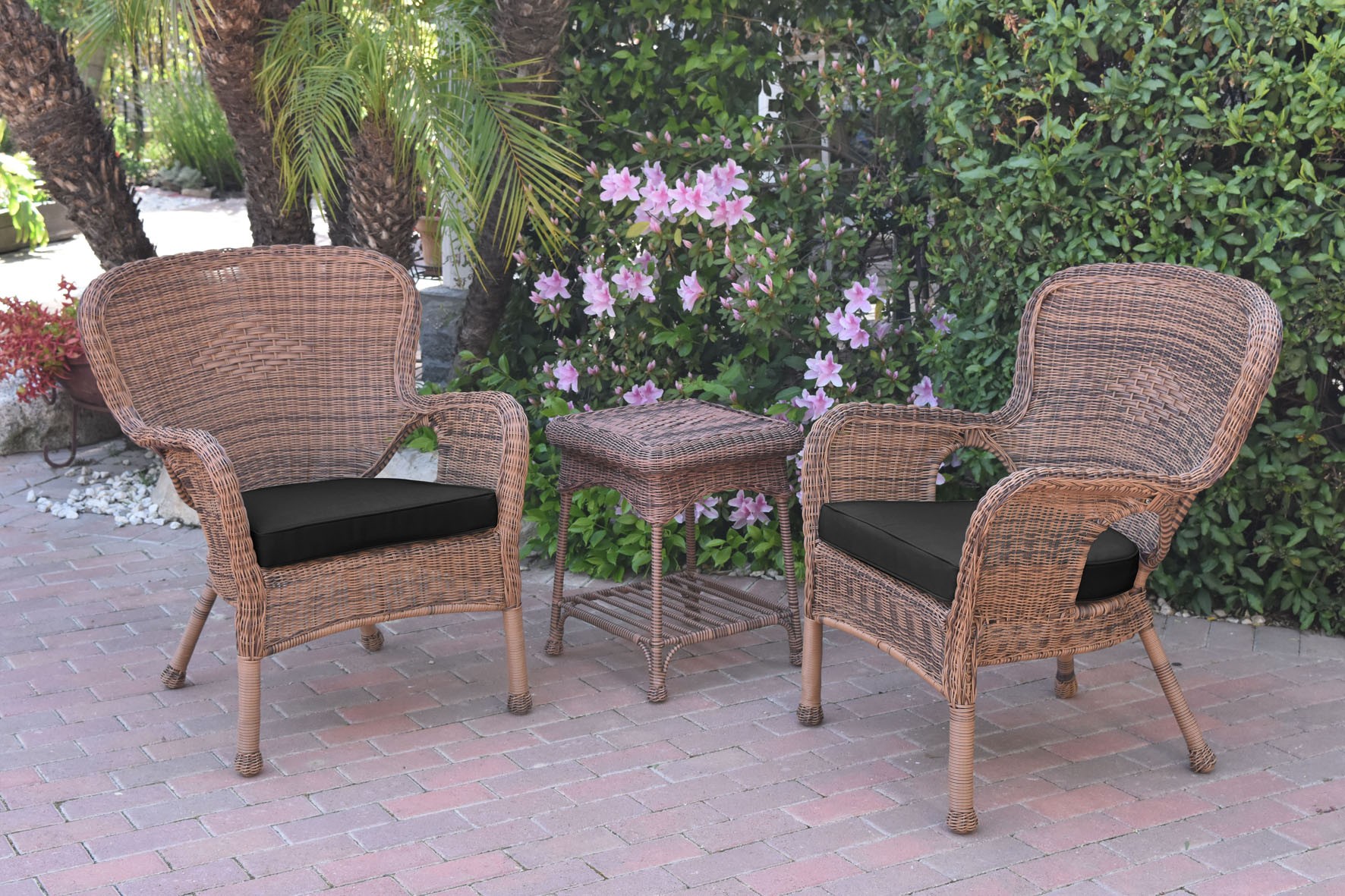 Windsor Honey Wicker Rocker Chair And End Table Set With Black Chair Cushion