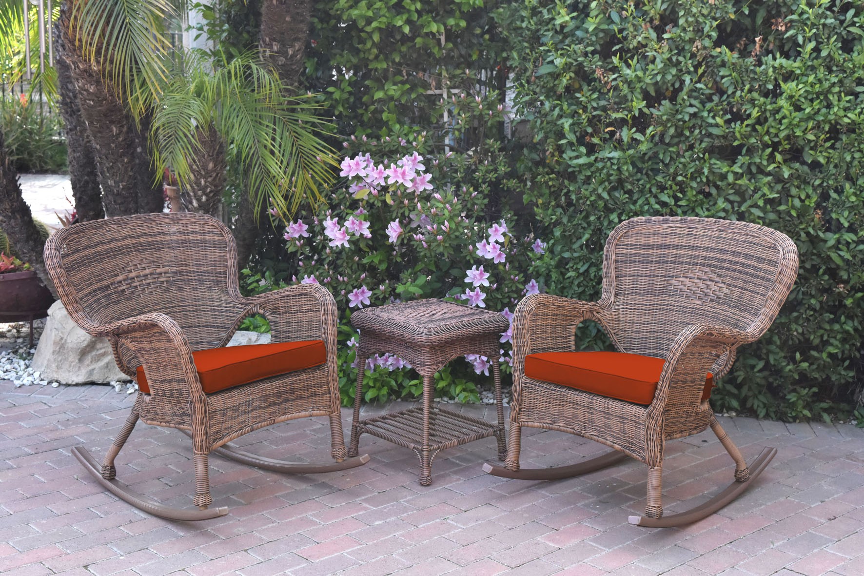 Windsor Honey Wicker Rocker Chair And End Table Set With Brick Red Chair Cushion