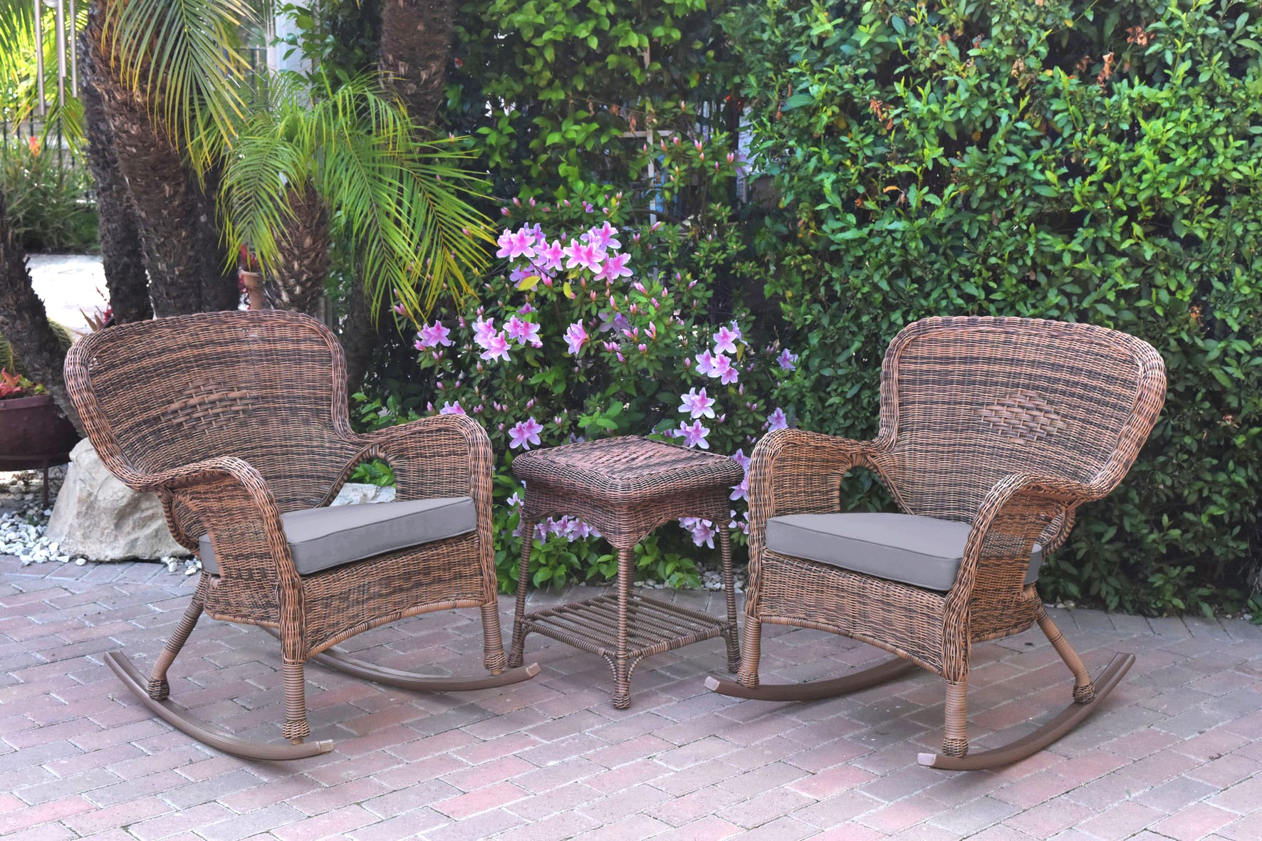 Windsor Honey Wicker Rocker Chair And End Table Set With Steel Blue Chair Cushion