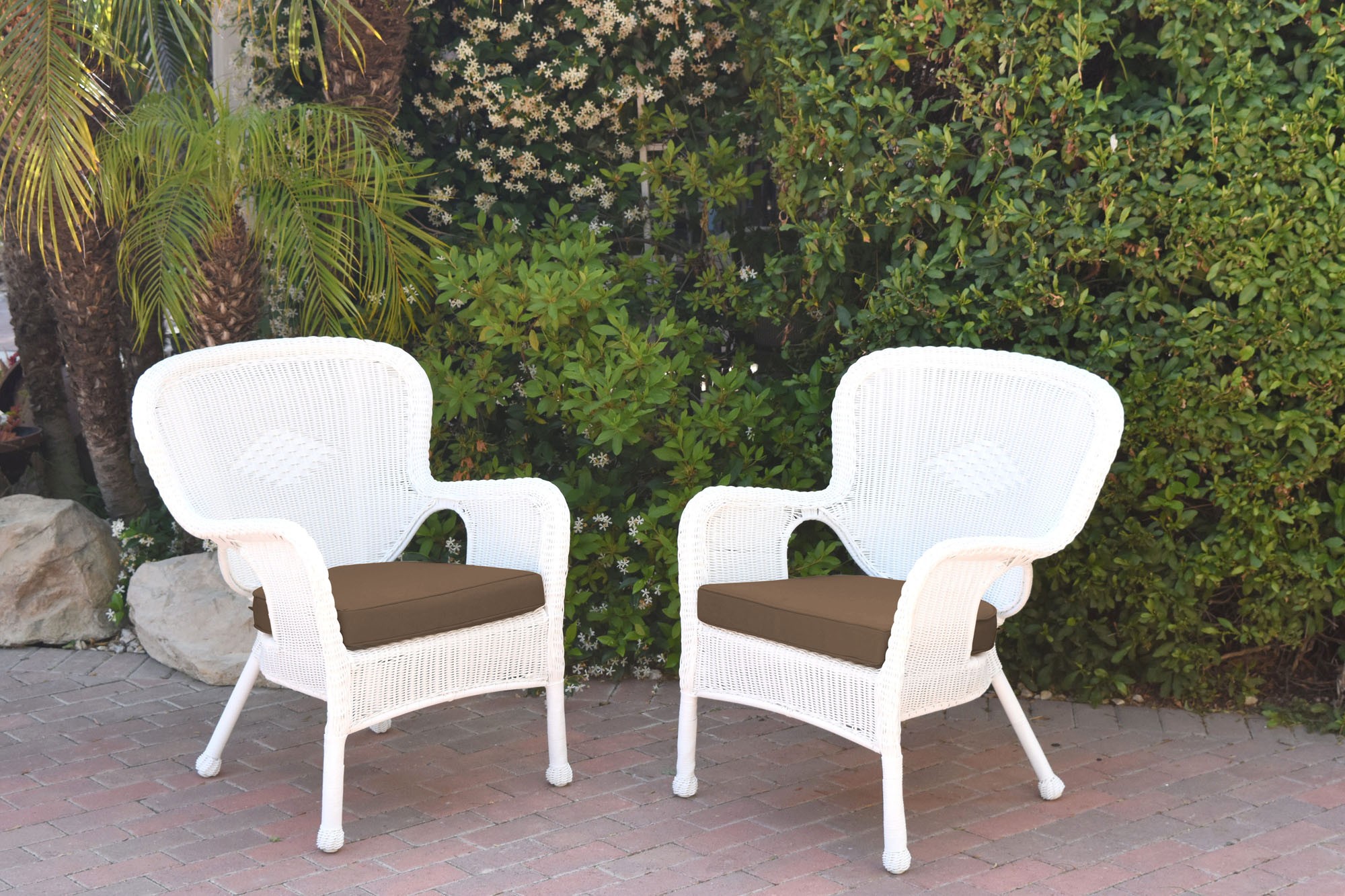 Set of 2 Windsor White Resin Wicker Chair with Brown Cushions