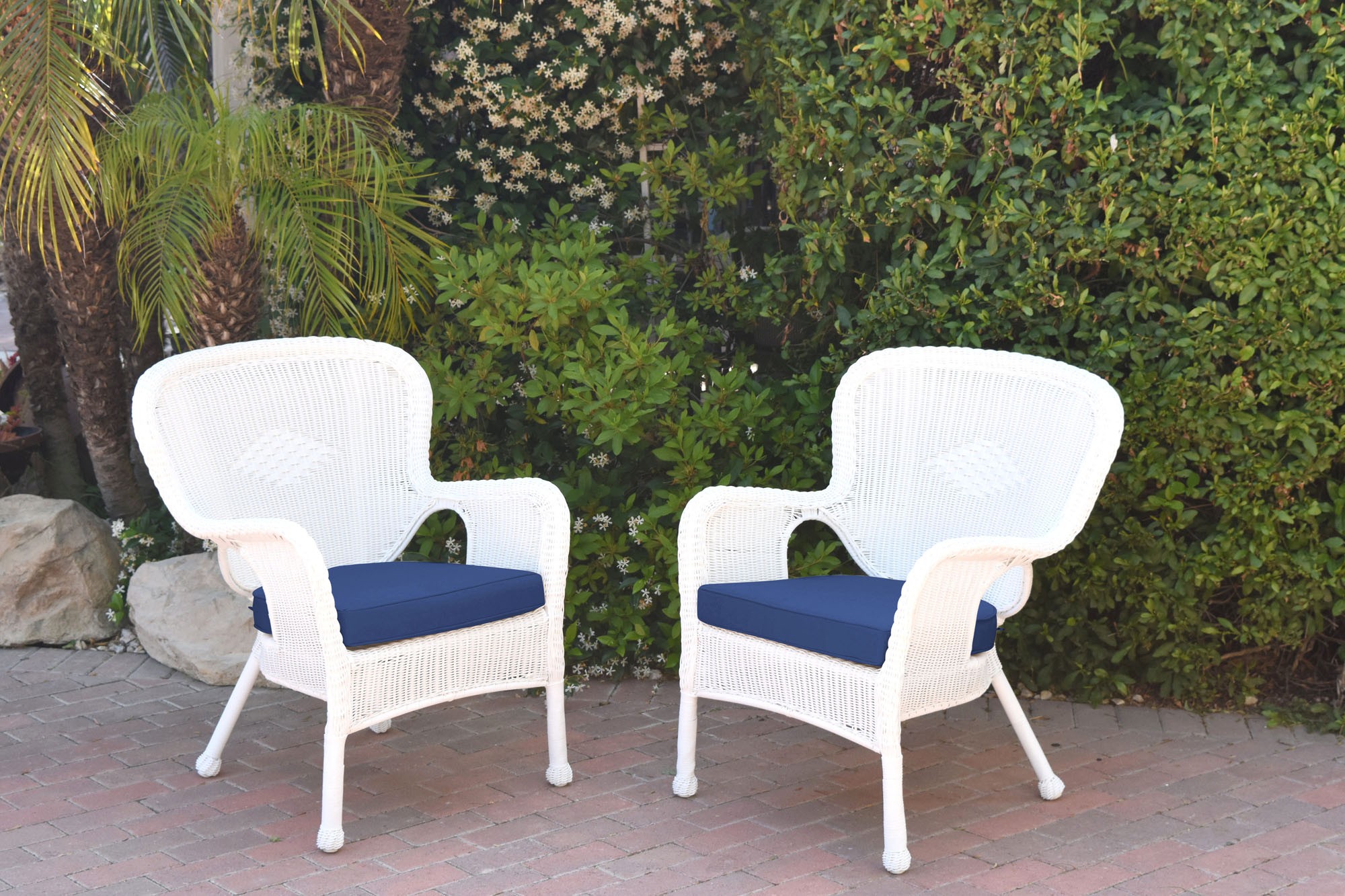 Set of 2 Windsor White Resin Wicker Chair with Midnight Blue Cushions